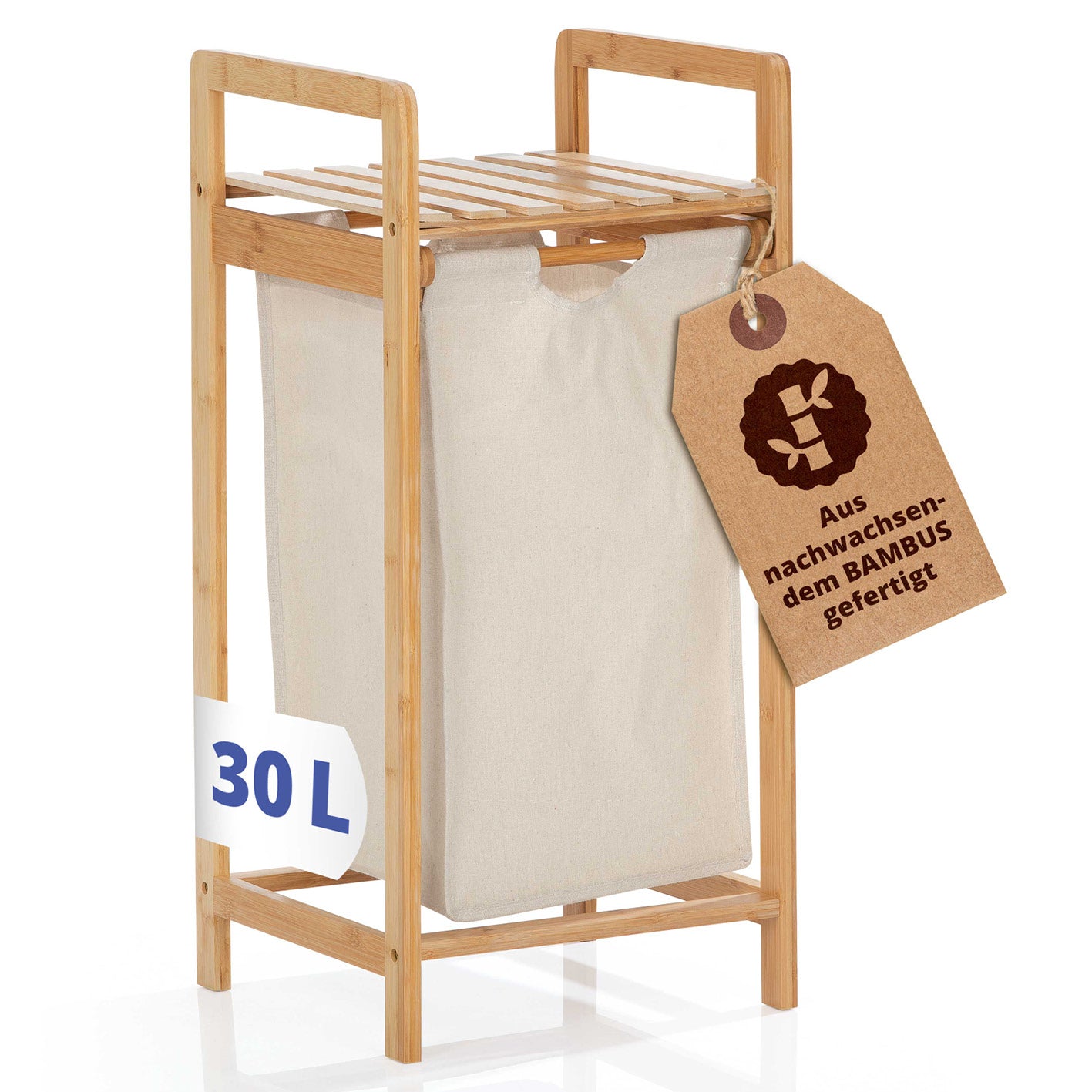 Bambus Wäschekorb mit ausziehbarem Wäschesack - 33x33x73 cm, beige, robust, stilvoll, pflegeleicht, 30 l Fassungsvermögen.