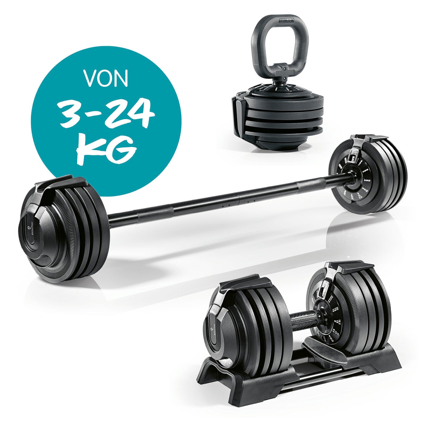 Multifunktionshantel 3 IN 1 mit einstellbarem Gewicht von 3–24 kg für Kettlebell, Kurz- und Langhantel Workout zu Hause.