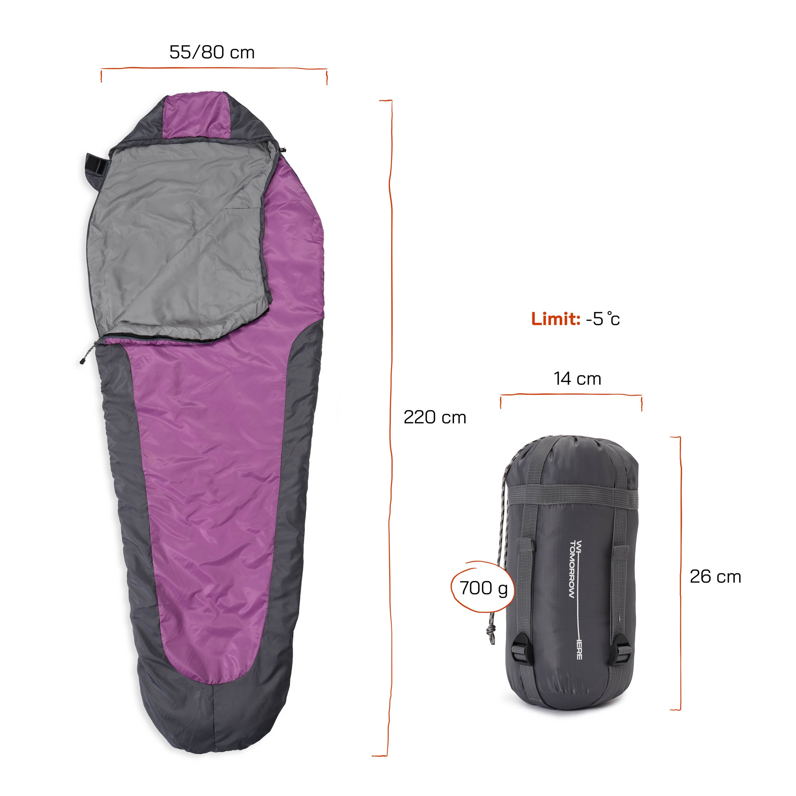Camping Schlafsack Small & Light - Mumienschlafsack grau-lila mit wasserabweisendem Material, kompakt und leicht, ideal bis -5 °C.