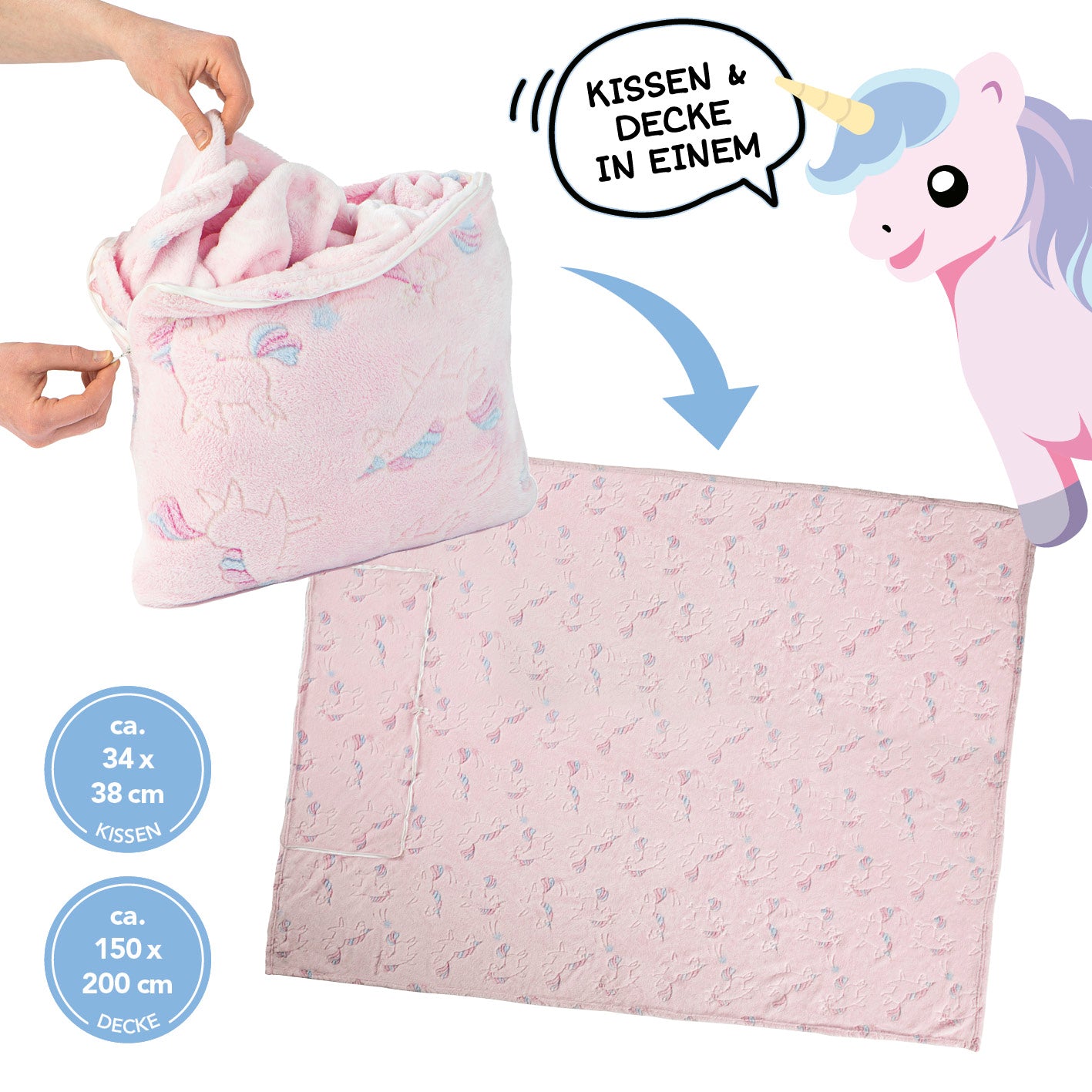 Verwandlungskissen Glow in the dark - Kuschelkissen & Kuscheldecke - Einhorn als Kissen und Decke aus flauschigem Fleece