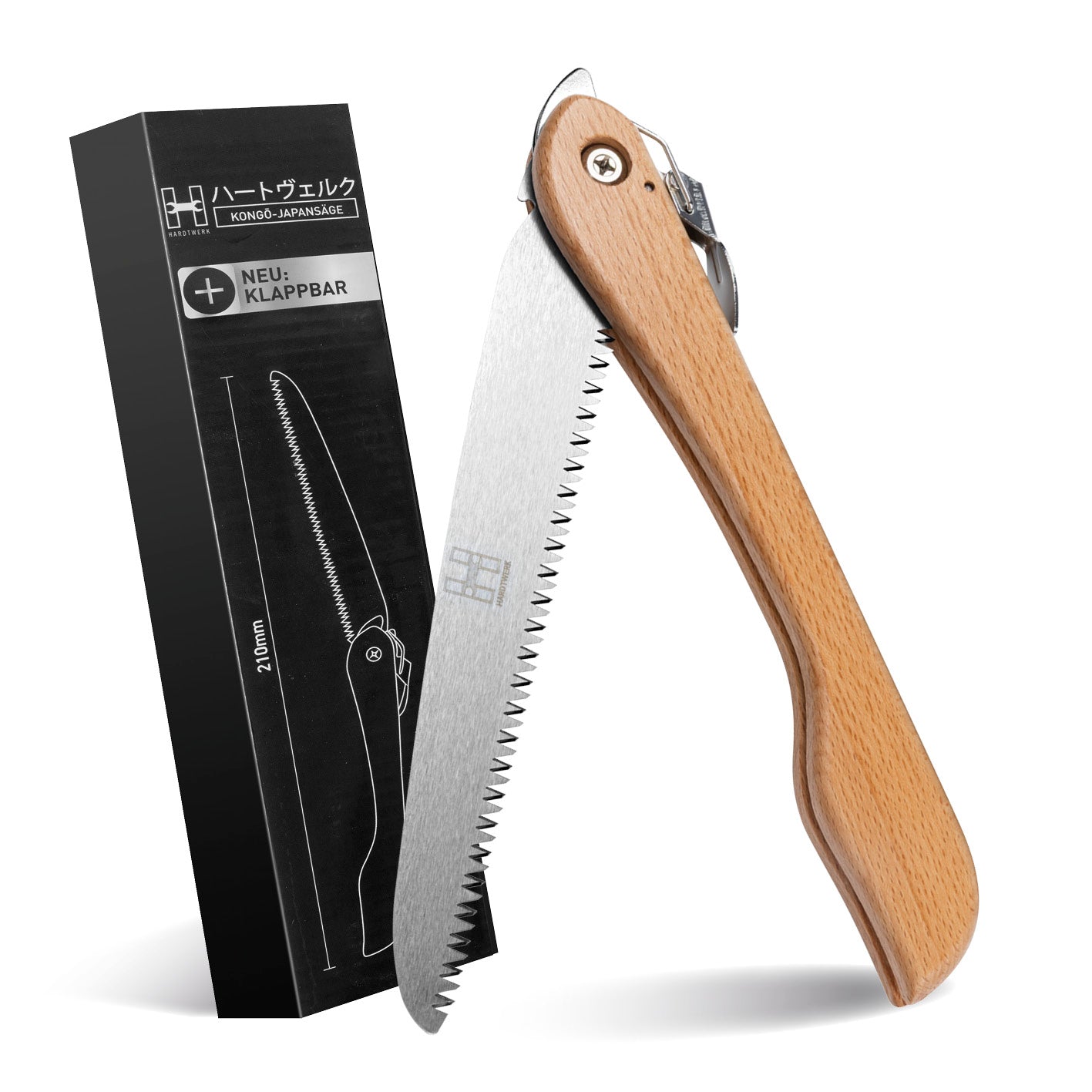 Klappbare Handsäge aus Karbonstahl - 21 cm mit Holzgriff und Safety Lock für präzise, sichere Schnitte bei Garten- und Outdoor-Arbeiten.