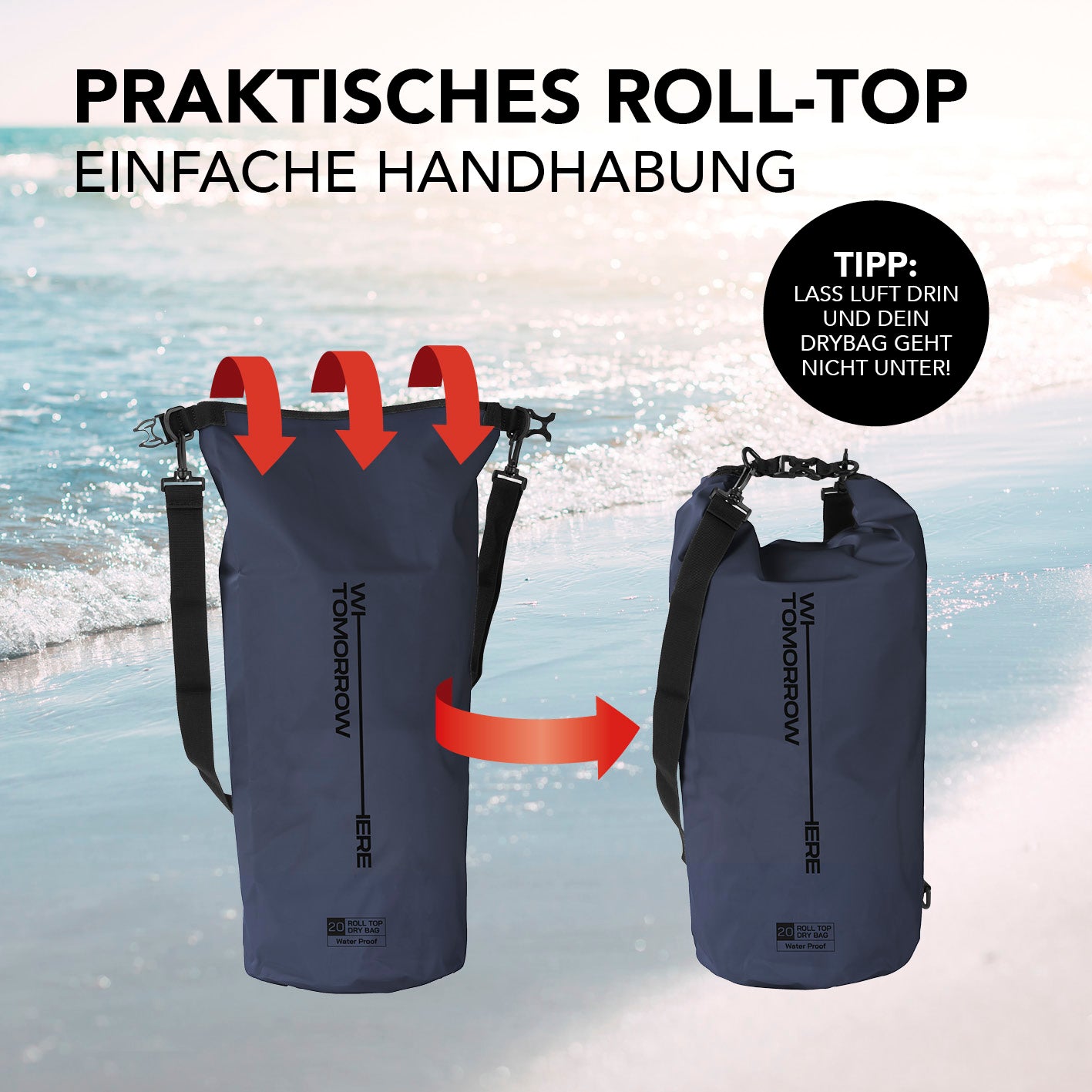 Dry Bag 20L - Style 02 - Dunkelblau mit wasserdichtem Rolltop-Verschluss für optimalen Schutz bei Outdoor-Aktivitäten.