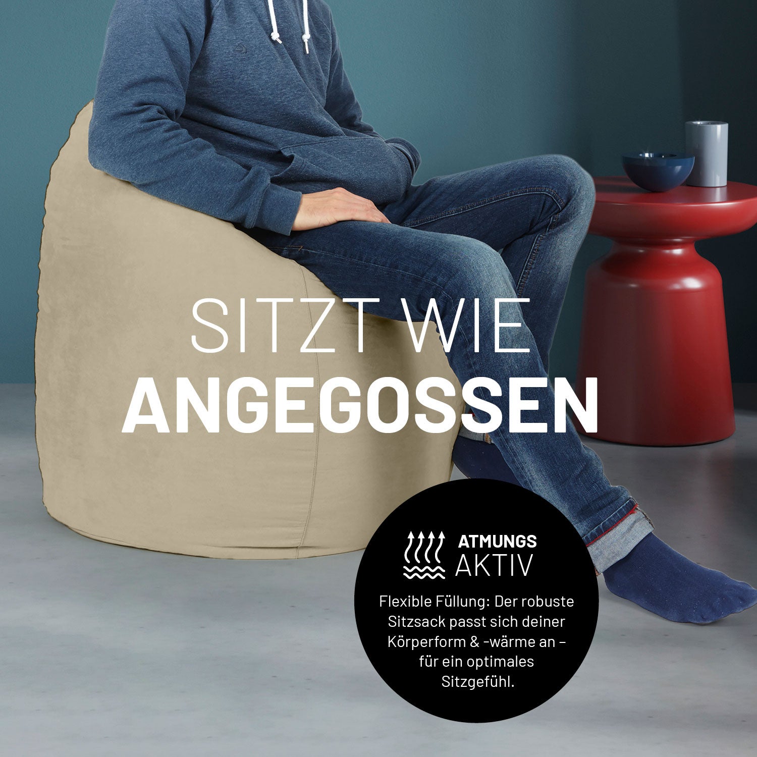 Luxury XL Sitzsack (120 L) - indoor - Beige, bequemer, atmungsaktiver Sitzsack von Lumaland für modernes Wohnen und Entspannung.