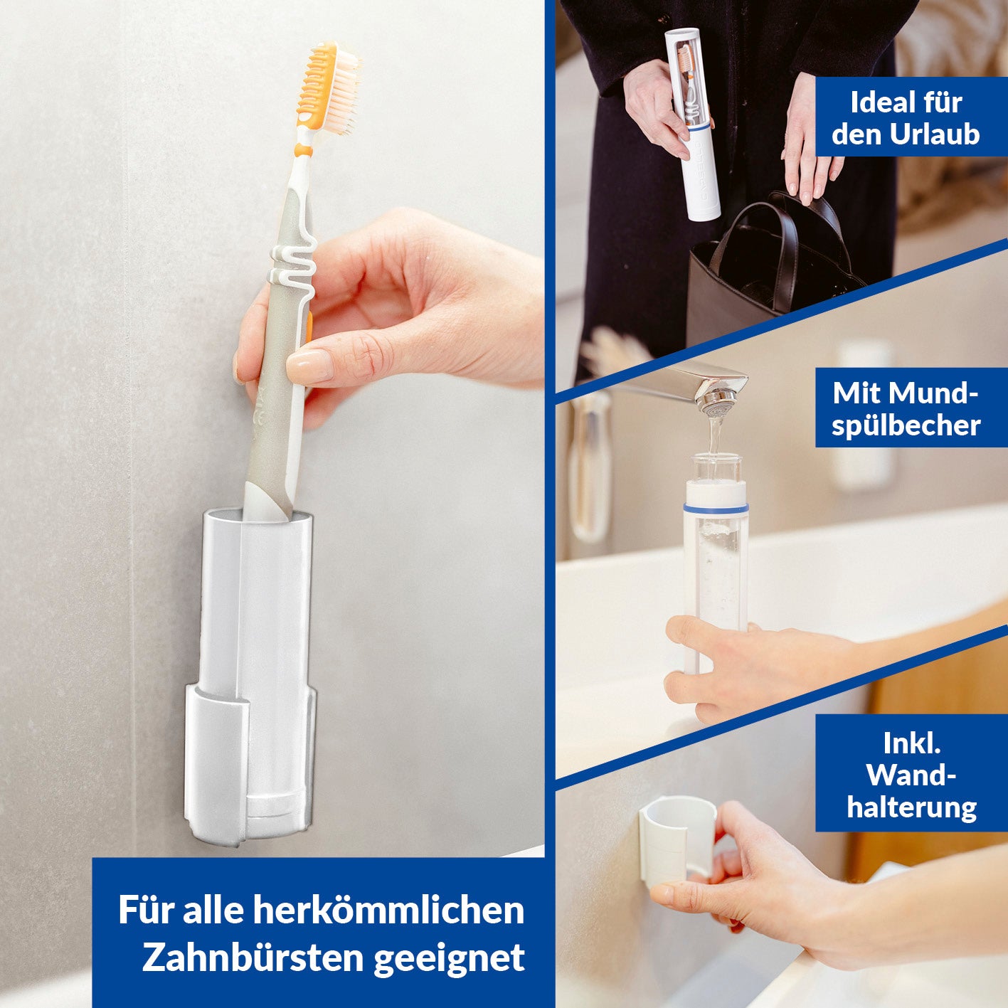 Zahnbürstenbox - weiß als vielseitiger Reise- und Aufbewahrungsbehälter mit Wandhalterung und integriertem Mundspülbecher.