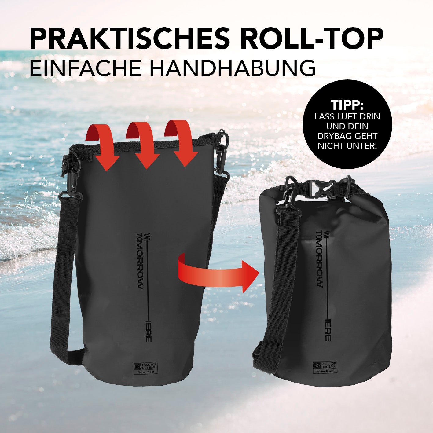 Dry Bag 5L - Style 02 - Schwarz mit wasserdichtem Rolltop-Verschluss und verstellbarem Schultergurt für Outdoor-Abenteuer.