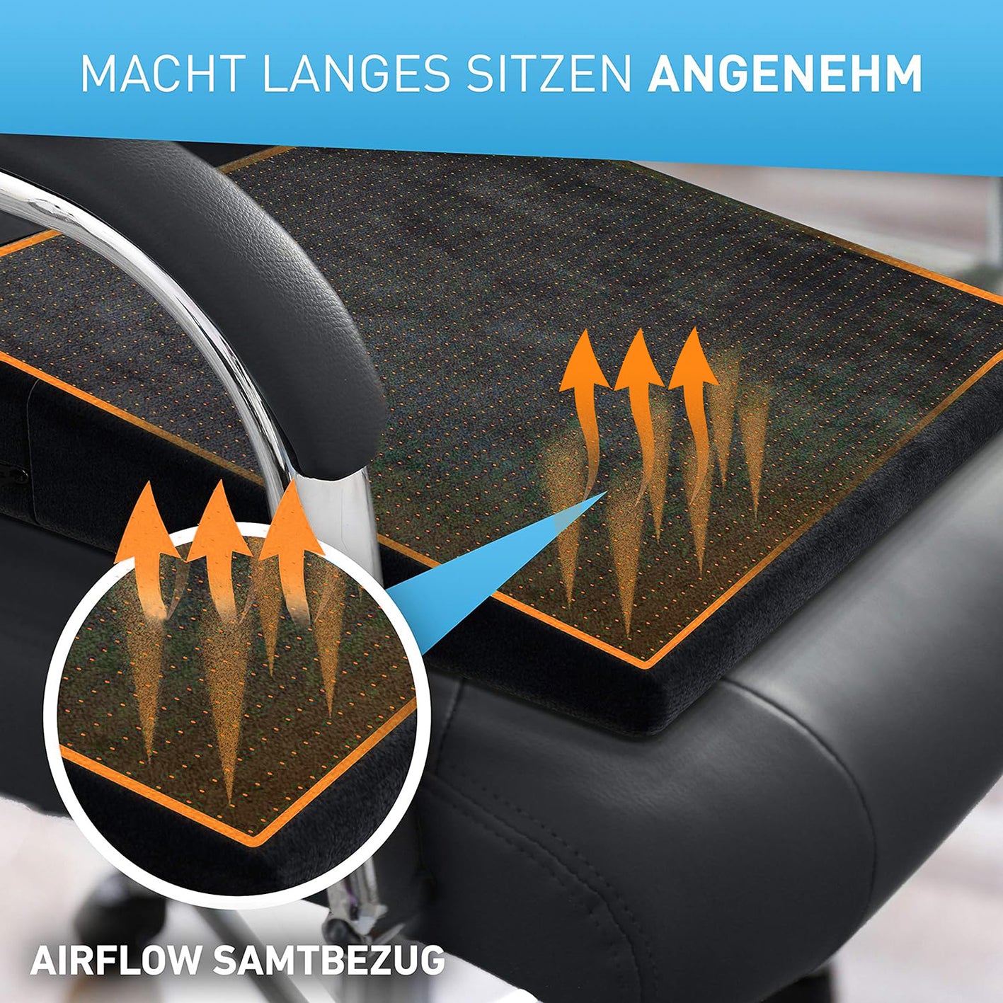 Stuhl-Keilkissen mit Samtbezug - Schwarz mit atmungsaktivem Airflow-Bezug für rutschfesten und bequemen Sitzkomfort bei langem Sitzen.