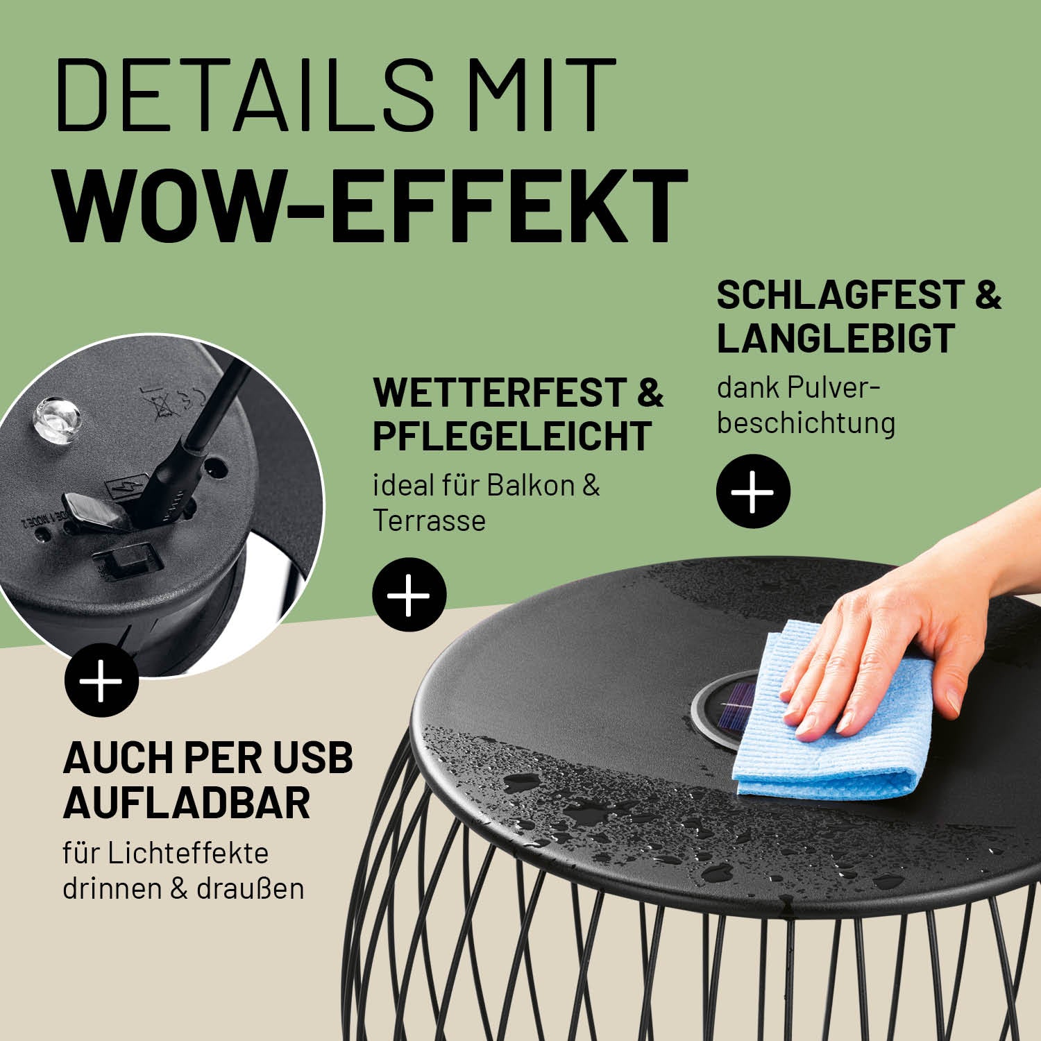 Beistelltisch - 2er-Set, wetterfest, schlagfest, per USB aufladbar, ideal für Balkon, Terrasse, mit Solarlichtfunktion und pflegeleichtem Metall.