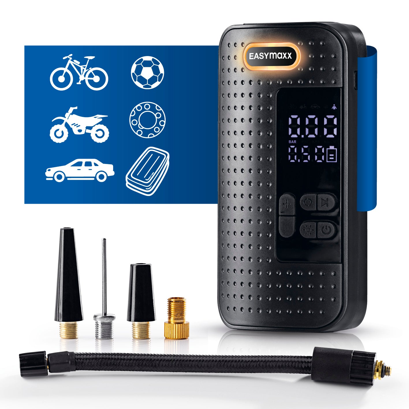 Akku-Handkompressor mit LED-Display, 4 Adaptern, USB-Ladung für Auto-, Fahrrad-, Motorradreifen und Bälle bis 10,3 bar.