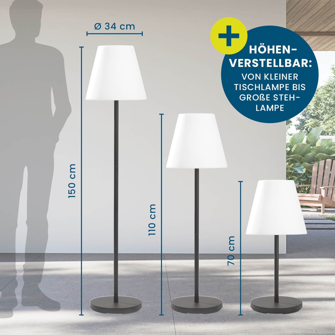 Solar-Stehlampe - 3-fach höhenverstellbar - 3 Helligkeitsstufen mit warmweißem Licht und kabellosem Solarbetrieb für Innen und Außenbereich.