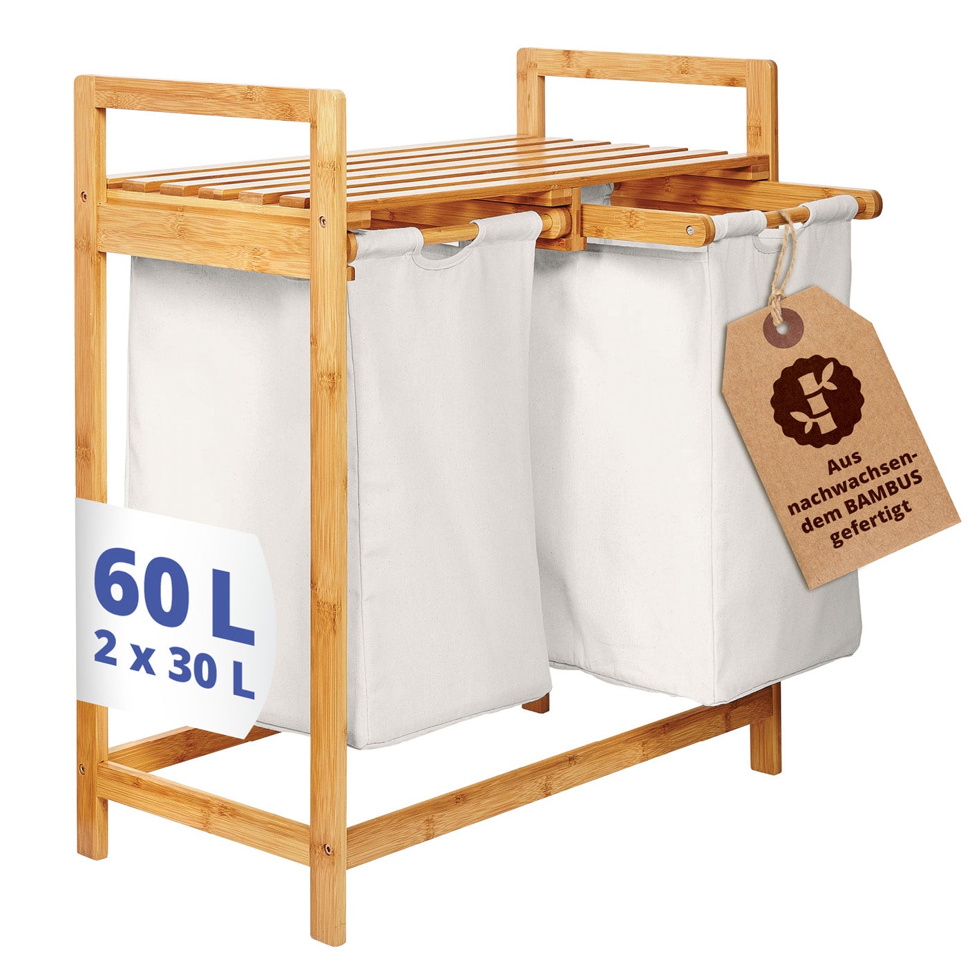 Bambus Wäschekorb mit 2 ausziehbaren Wäschesäcken, 73 x 64 x 33 cm, weiß, wasserabweisend und langlebig aus nachwachsendem Bambus.