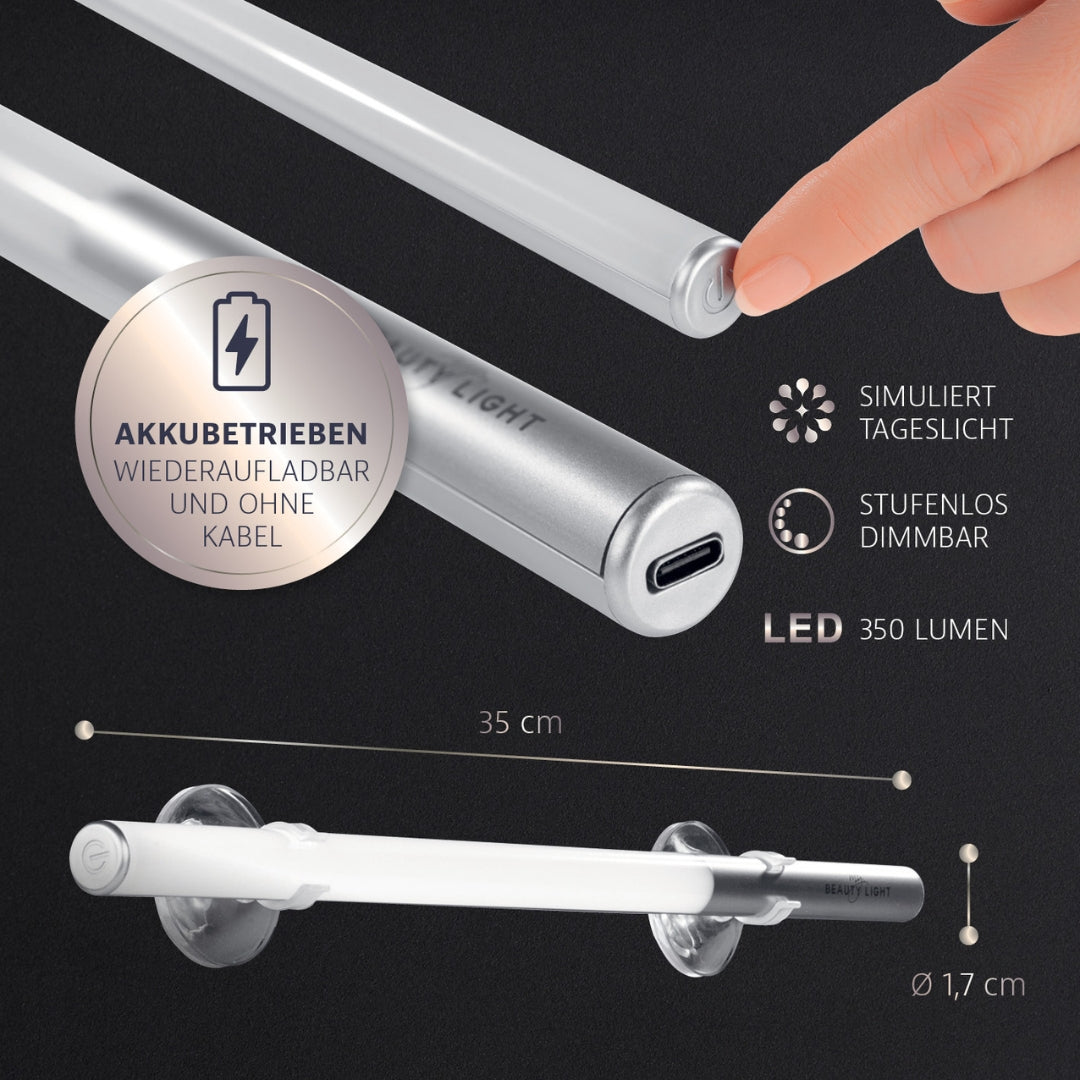 LED-Spiegelleuchte mit Akku von my BEAUTY LIGHT®, kabellos, stufenlos dimmbar, simuliert Tageslicht, 350 Lumen, 35 cm lang, wiederaufladbar.