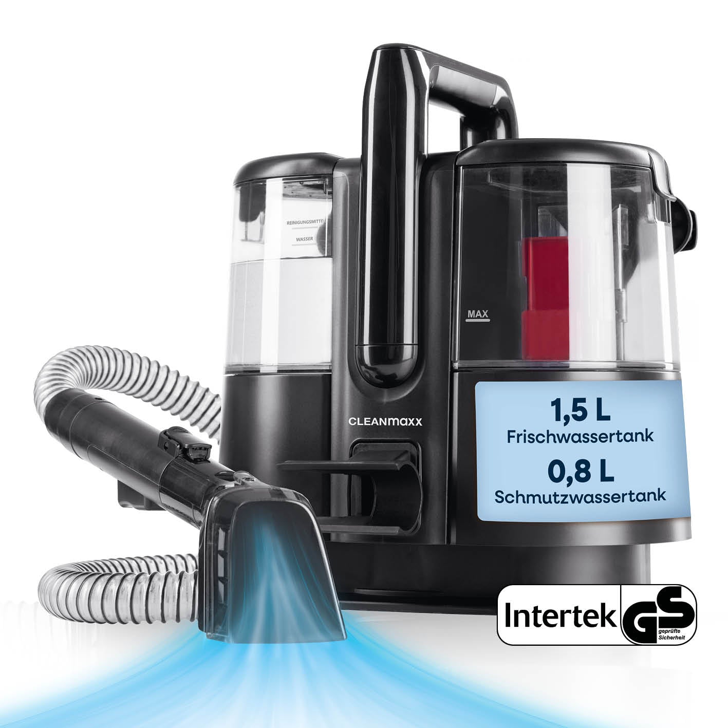 Polster- & Teppichreiniger Pro mit 1,5 l Frischwassertank und 0,8 l Schmutzwassertank für gründliche Reinigung.