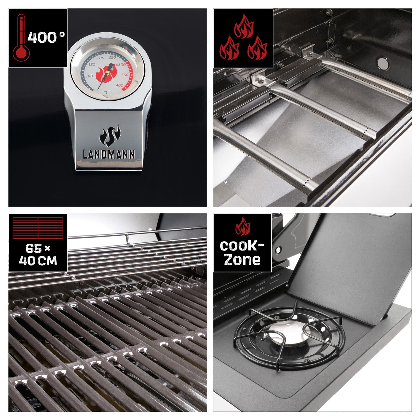 Gasgrill Rexon PTS 3.1 schwarz mit Edelstahl-Brennern, Seitenbrenner, Temperaturanzeige und emaillierten Grillrosten 65x40 cm.