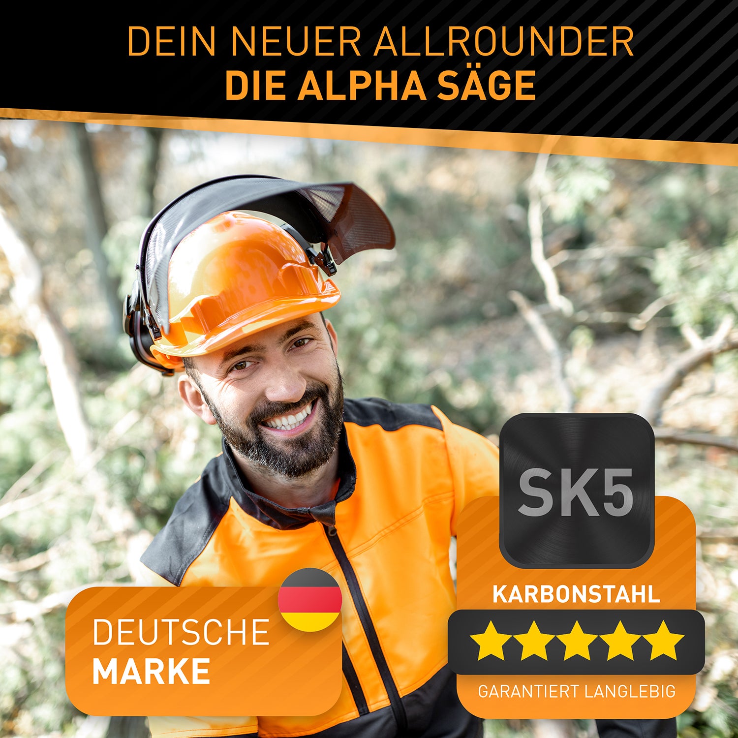 Klappbare Handsäge aus Karbonstahl - 21 cm von ALPHA, robuste deutsche Marke mit SK5-Karbonstahl und Sicherheitsarretierung.