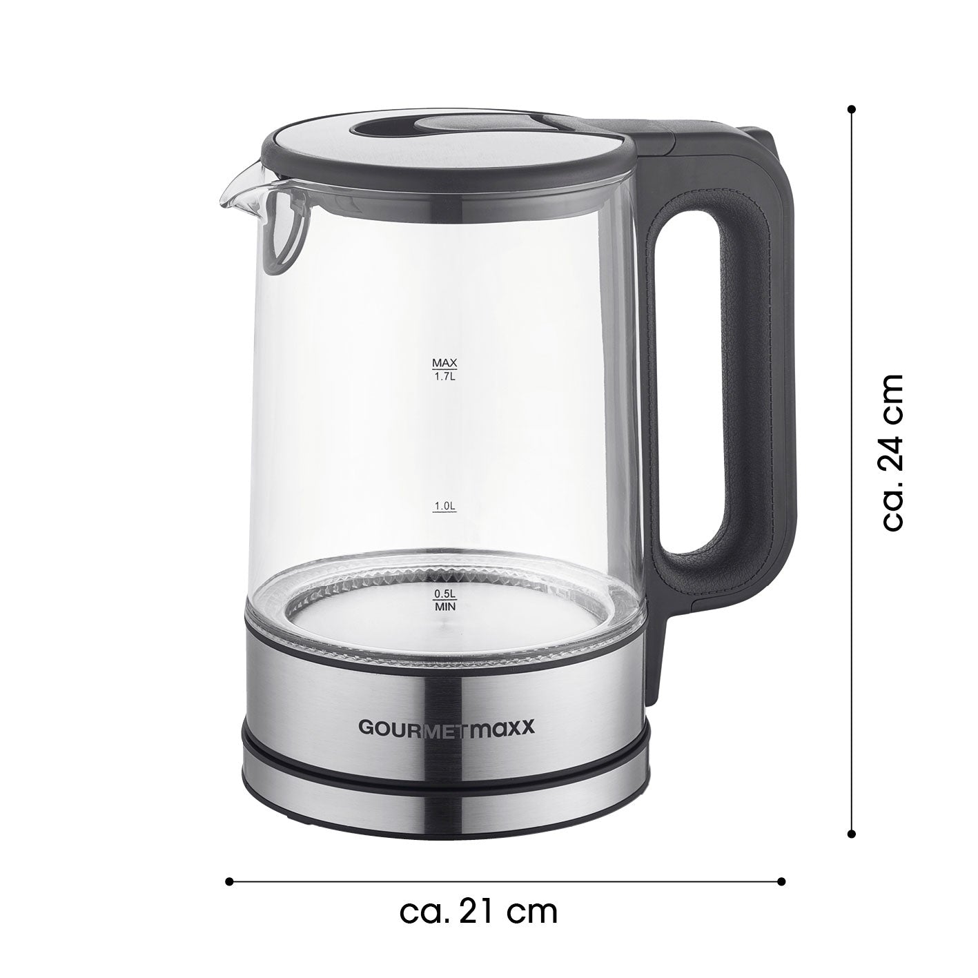 Glas-Wasserkocher LED 1,7l Edelstahl/schwarz mit Wasserstandsanzeige, kabellosem Behälter und 360° drehbarem Sockel.