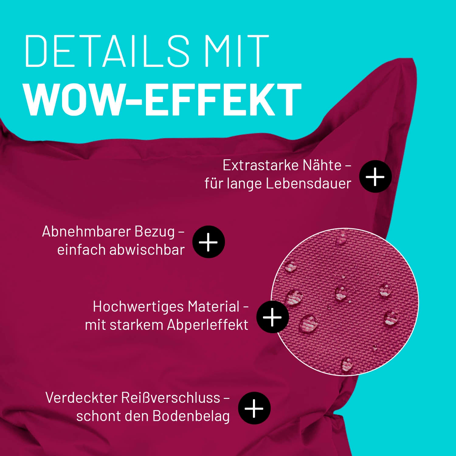 Sitzsack Classic XXL (380 L) - indoor & outdoor - Rotwein mit abnehmbarem Bezug, starker Abperleffekt und verdecktem Reißverschluss.