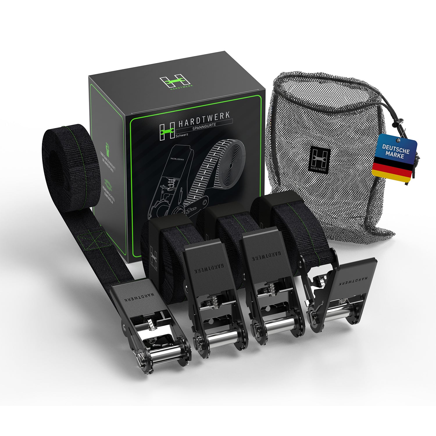 Spanngurte mit Ratschen - 4er-Set - Schwarz mit robustem Ratschenmechanismus, Tragetasche und stabiler Verpackung für sichere Ladungssicherung.