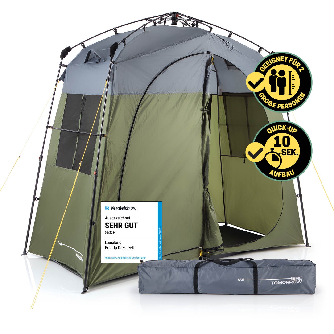 Pop-up-Duschzelt für 2 Personen - grün/grau, schnell aufbaubar, wetterfest, mit Sichtschutz und praktischem Transportbeutel.
