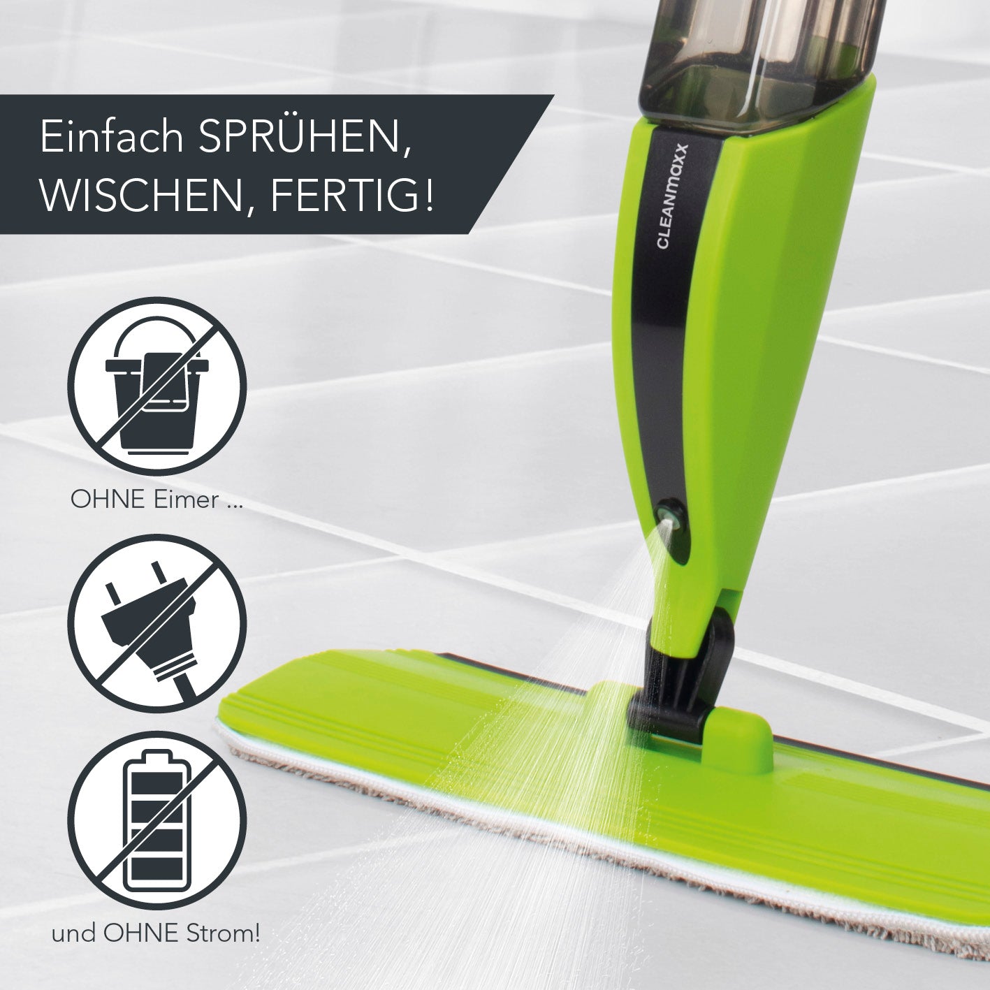 Spray-Mopp - limegreen/schwarz mit integrierter Sprühfunktion, ohne Eimer und Strom, ideal für schnelles und sparsames Reinigen.