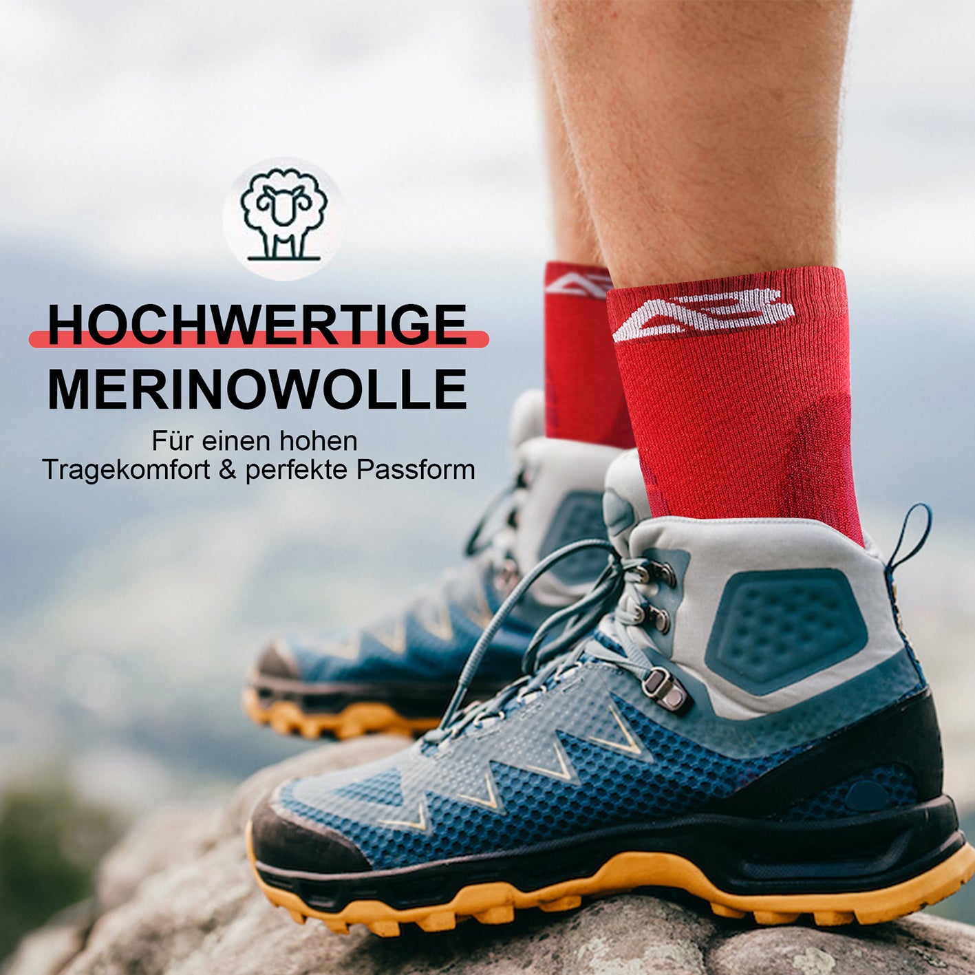 Wandersocken Merino Wolle - 2er-Set - Rot - Größe 43-48 mit hoher Qualität für Komfort und warme, trockene Füße beim Wandern.