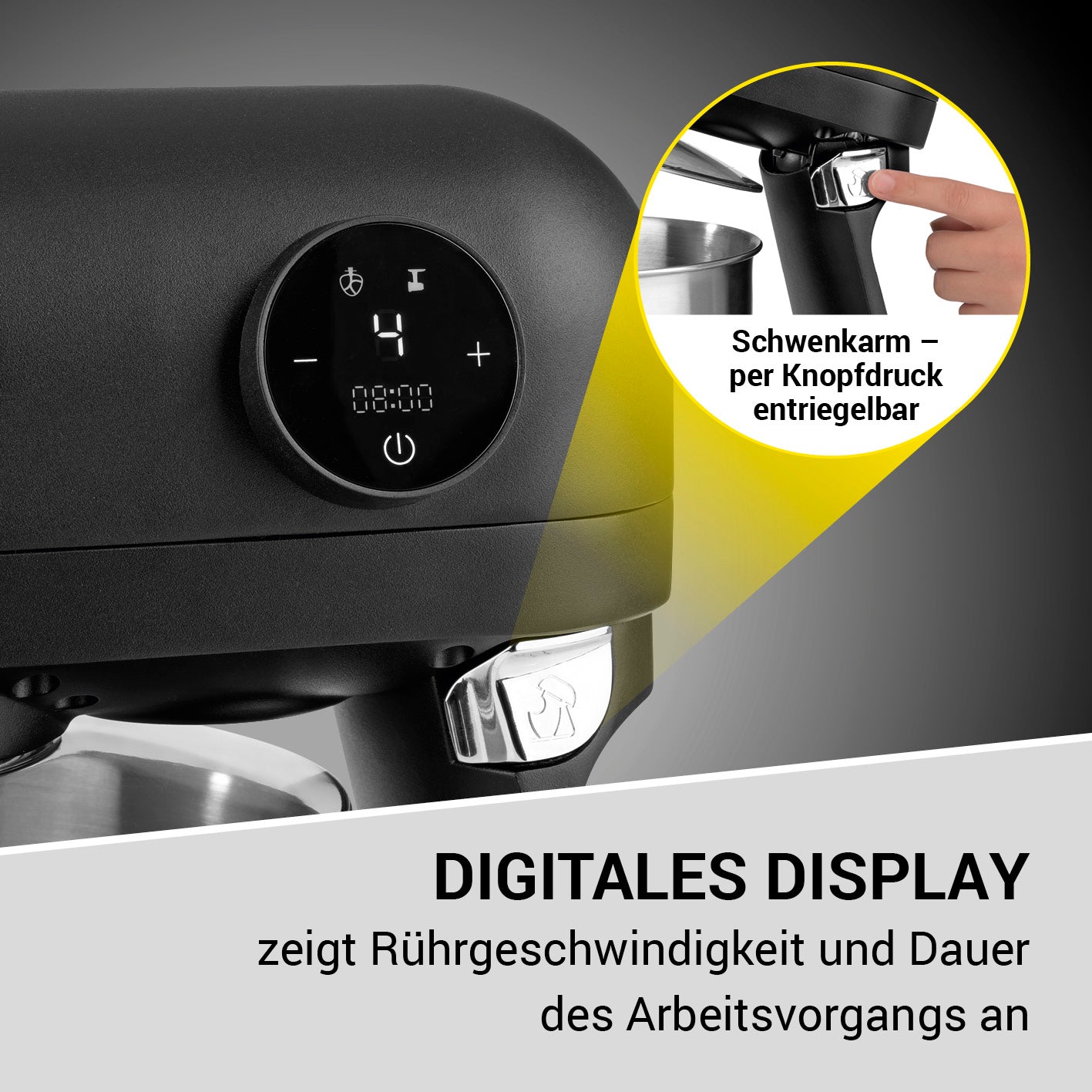 Küchenmaschine in der Midnight Edition mit digitalem Display zur Anzeige von Rührgeschwindigkeit und Arbeitsdauer.