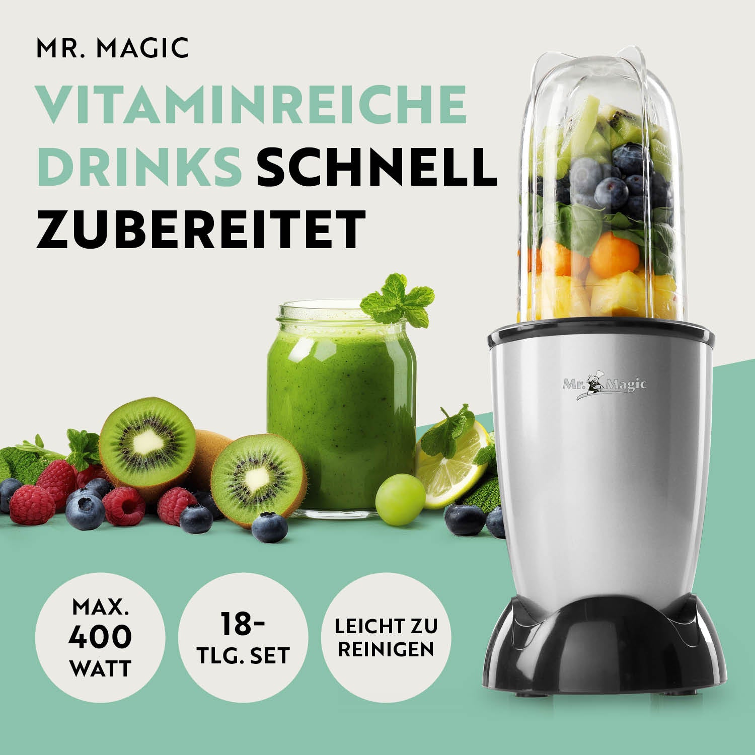 Mr. Magic Mixer - Silber/Schwarz mit 400 Watt, 18-teiligem Set, ideal für schnelle Zubereitung von gesunden Drinks und Smoothies.