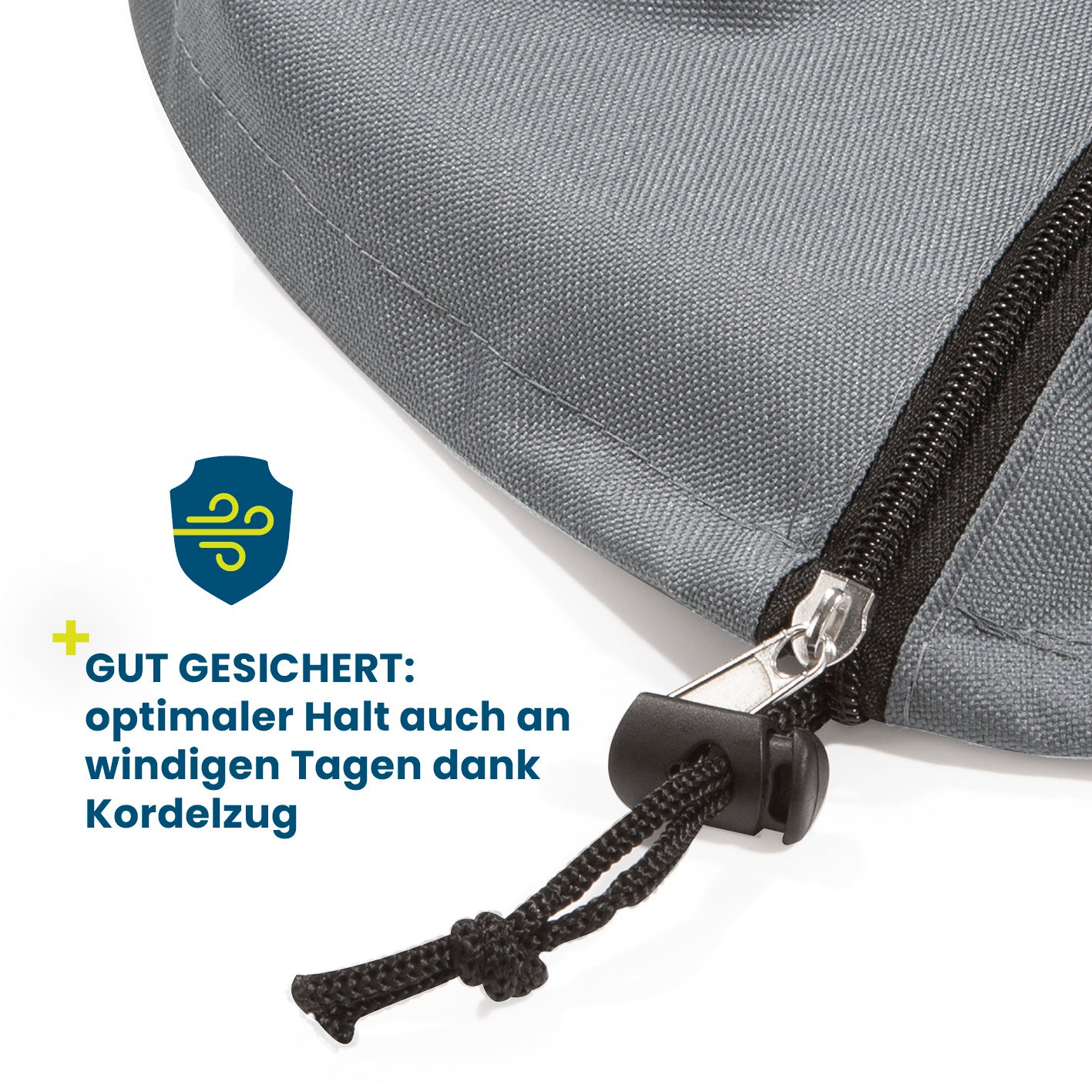 Heizstrahler-Schutzhülle mit Reißverschluss und Kordelzug für optimalen Halt bei windigen Tagen und zuverlässigen Schutz.