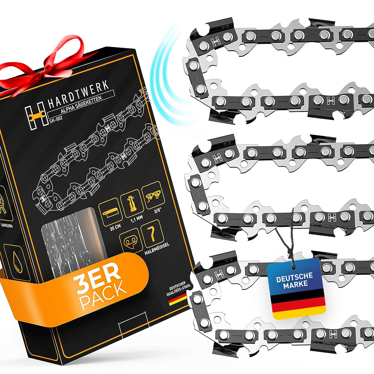 Sägeketten 3/8" 1,1mm für 35cm Schwert - 3er Pack mit zertifiziertem deutschem Stahl und Halbmeißel-Technik für kraftvolles Schneiden.