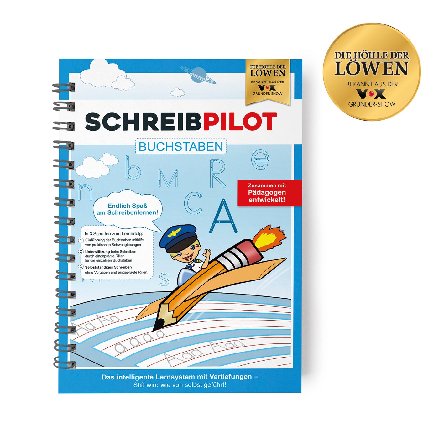 Heft Buchstaben mit Bleistift/Radiergummi - DIN-A4, Lern-System mit Rillen, Schwungübungen und kindgerechten Anlaut-Illustrationen.