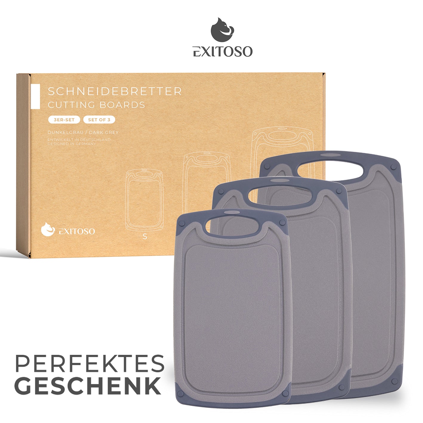 Schneidebrett - 3er-Set - Grau in verschiedenen Größen, rutschfest und spülmaschinengeeignet für vielseitige Küchenanwendung.
