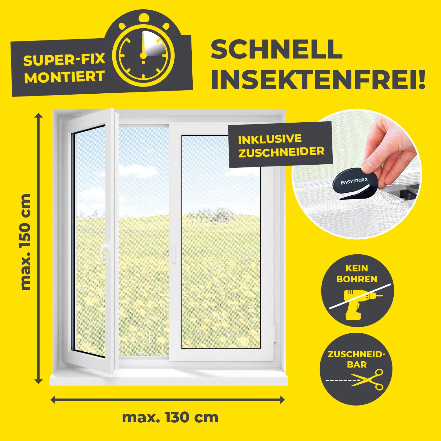 Moskitonetz für Fenster mit selbstklebendem Klettband - 2er-Set in Weiß, einfach montierbar und zuschneidbar für effektiven Insektenschutz.