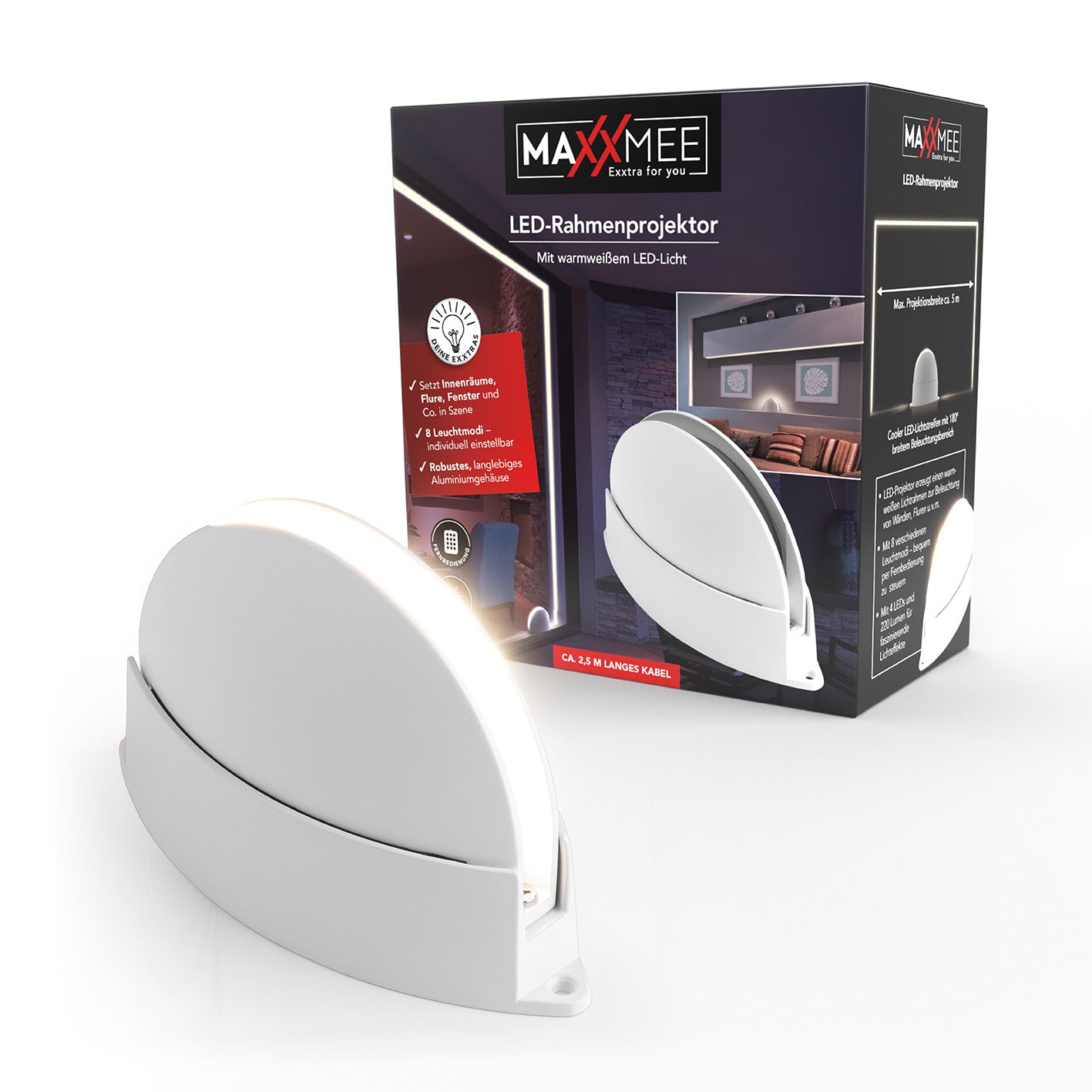 LED-Rahmen-Projektor - weiß mit warmweißem LED-Licht, 8 Leuchtmodi, Fernbedienung, Aluminiumgehäuse, 220 Lumen für Innenräume.