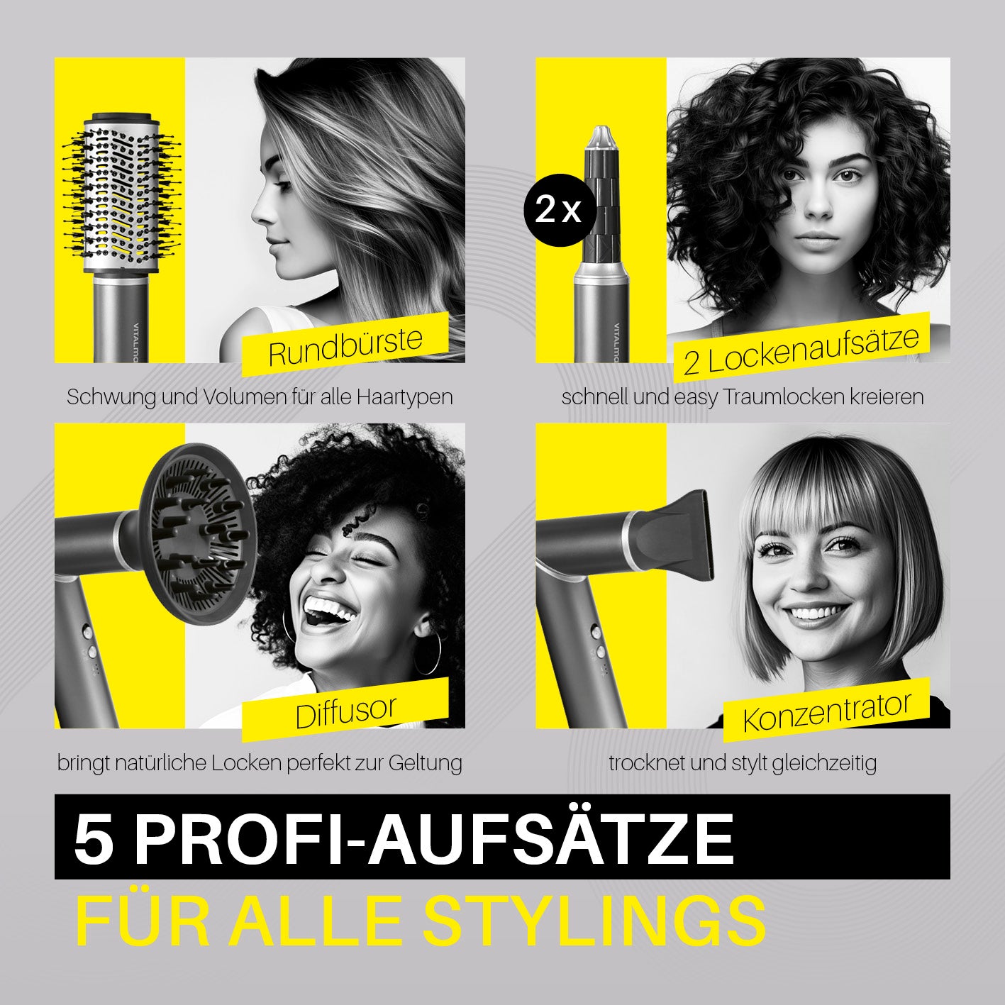 Hairstyler Flex mit 5 Profi-Aufsätzen wie Rundbürste, 2 Lockenaufsätzen, Diffusor und Konzentrator für vielseitiges Styling.