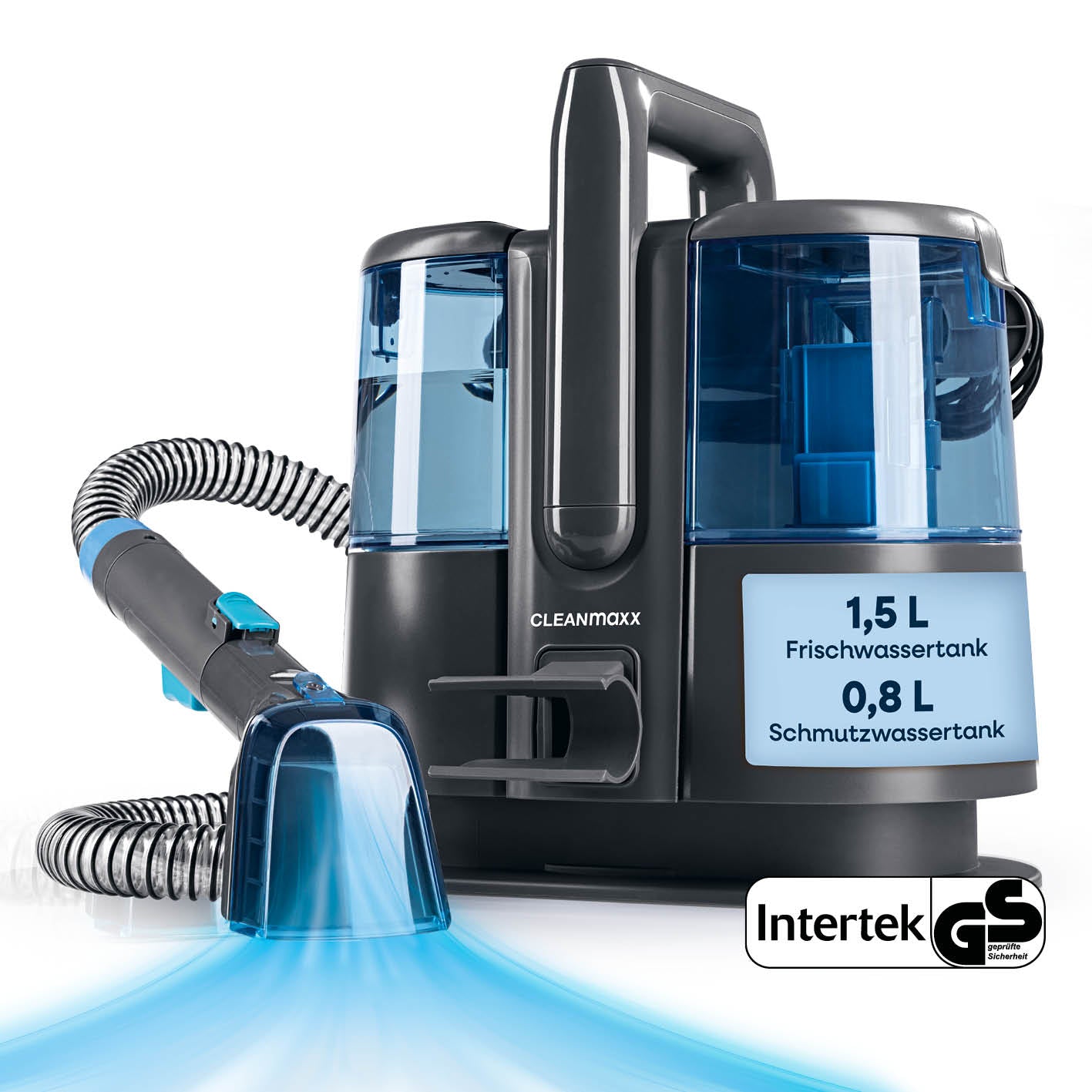 Polster- & Teppichreiniger Pro Power - Grau/Blau mit 1,5 l Frischwassertank und 0,8 l Schmutzwassertank für gründliche Reinigung.