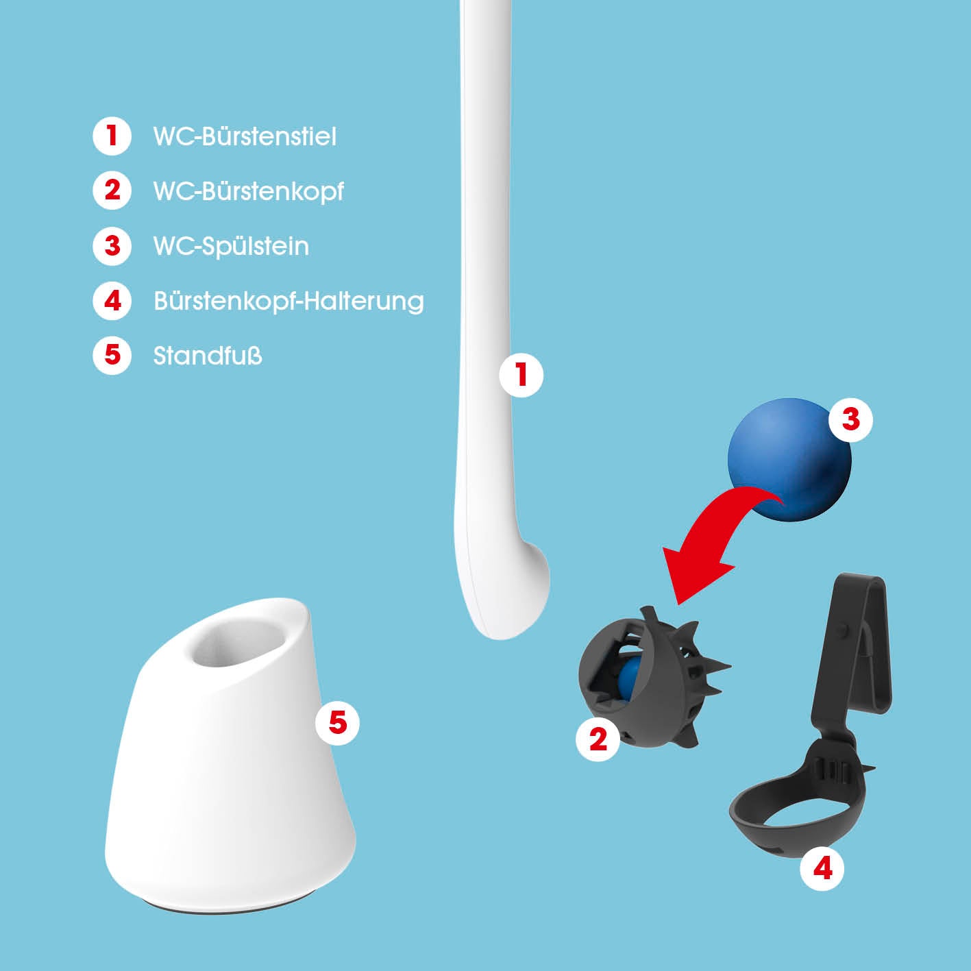 WC-Bürste - 2 in 1-Klick-System - weiß/schwarz mit Silikonbürstenkopf, Halterung, Spülstein und Standfuß für mehr Hygiene