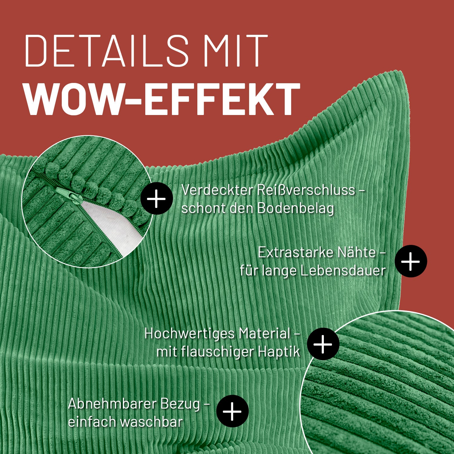 Sitzsack Classic XXL aus der LUMALAND Cord-Reihe - 380 L - 140 x 180 cm - Dunkelgrün mit verdecktem Reißverschluss und robuster Cord-Oberfläche