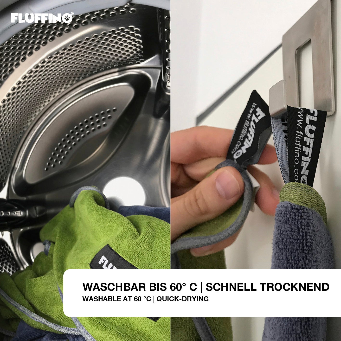 Hundehandtuch Mikrofaser – 2er-Pack - 120 x 70 cm - Grau & Grün, waschbar bei 60°C, schnell trocknend und extra saugfähig.