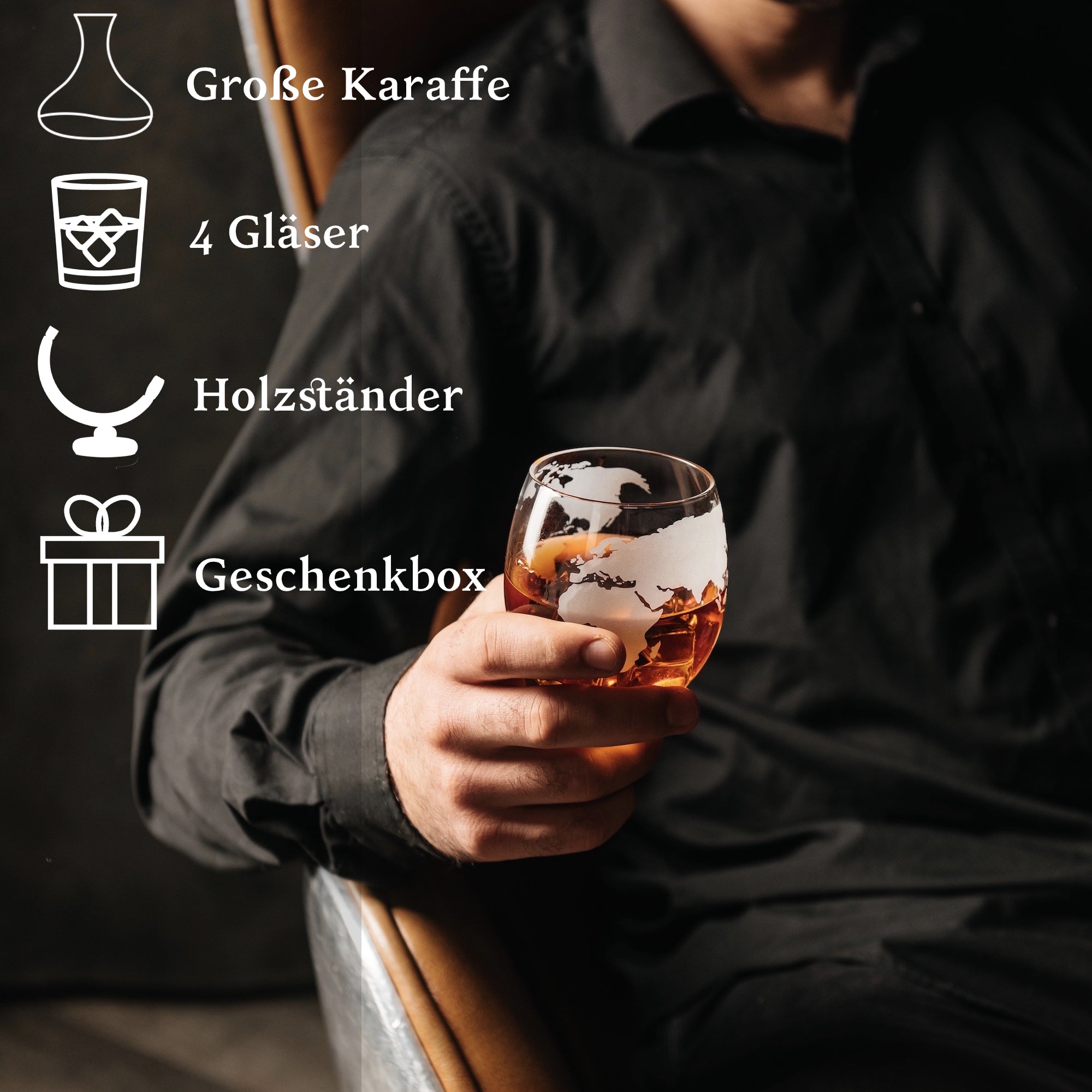 8-in-1-Whisky-Dekanter-Seta – 4 Gläser mit großer Karaffe, Holzständer und Geschenkbox, handgefertigt aus bleifreiem Glas.