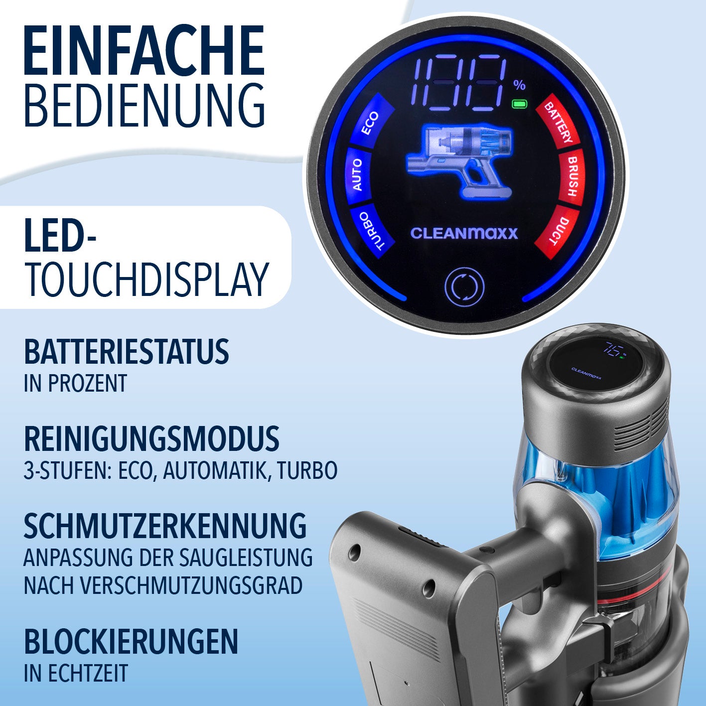 AeroTech 500 Staubsauger mit Absaugstation – Grau-Blau mit LED-Touchdisplay für Batteriestatus und Reinigungsmodi.