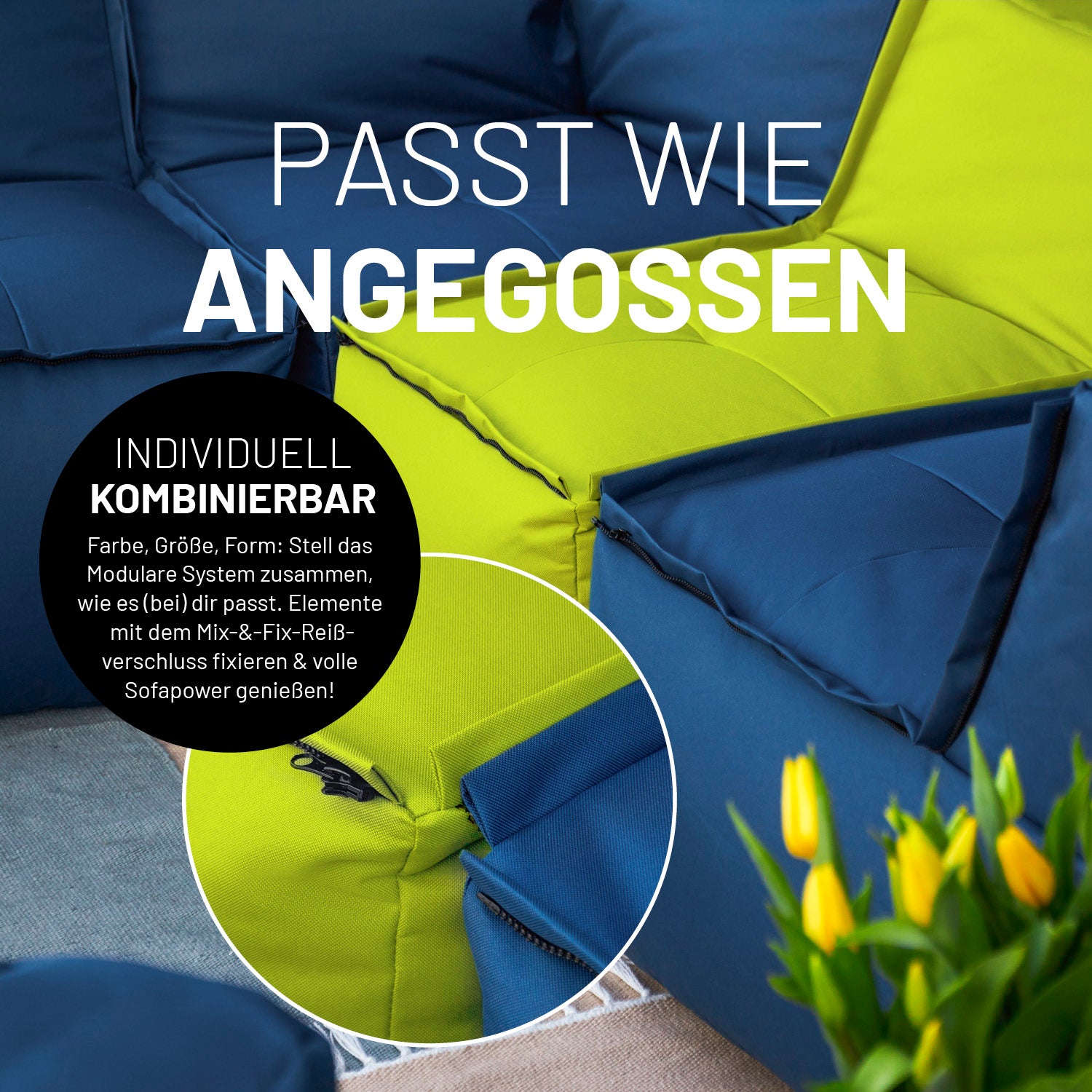 Sitzsack-Sofa Mittelstück (200 L) Apfelgrün, modulares System mit Mix-&-Fix-Reißverschluss, indoor & outdoor, extrastark und pflegeleicht.