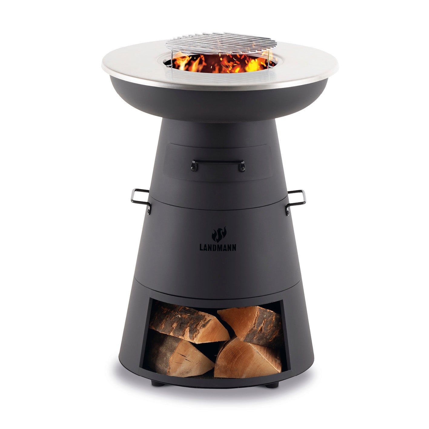 Holzkohlegrill mit Grillrost und Grillplatte, Tischgrill mit Edelstahlplatte, Kohleschublade und Holzlagerfach, dekorativ und funktional.