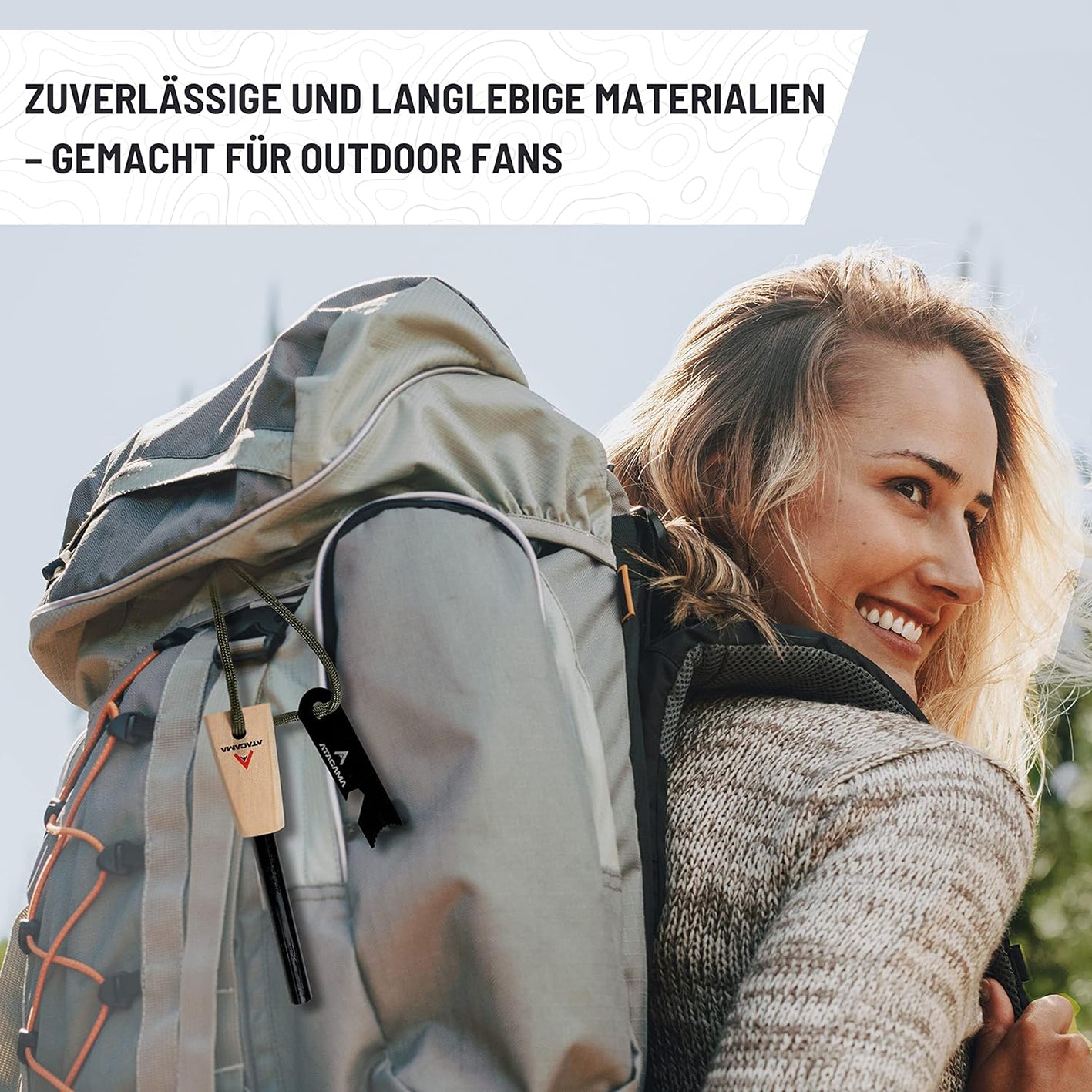 Feuerstahl Set - 7 tlg. - Wasserfest am Rucksack befestigt, ideal für Outdoor und Camping bei allen Wetterbedingungen.