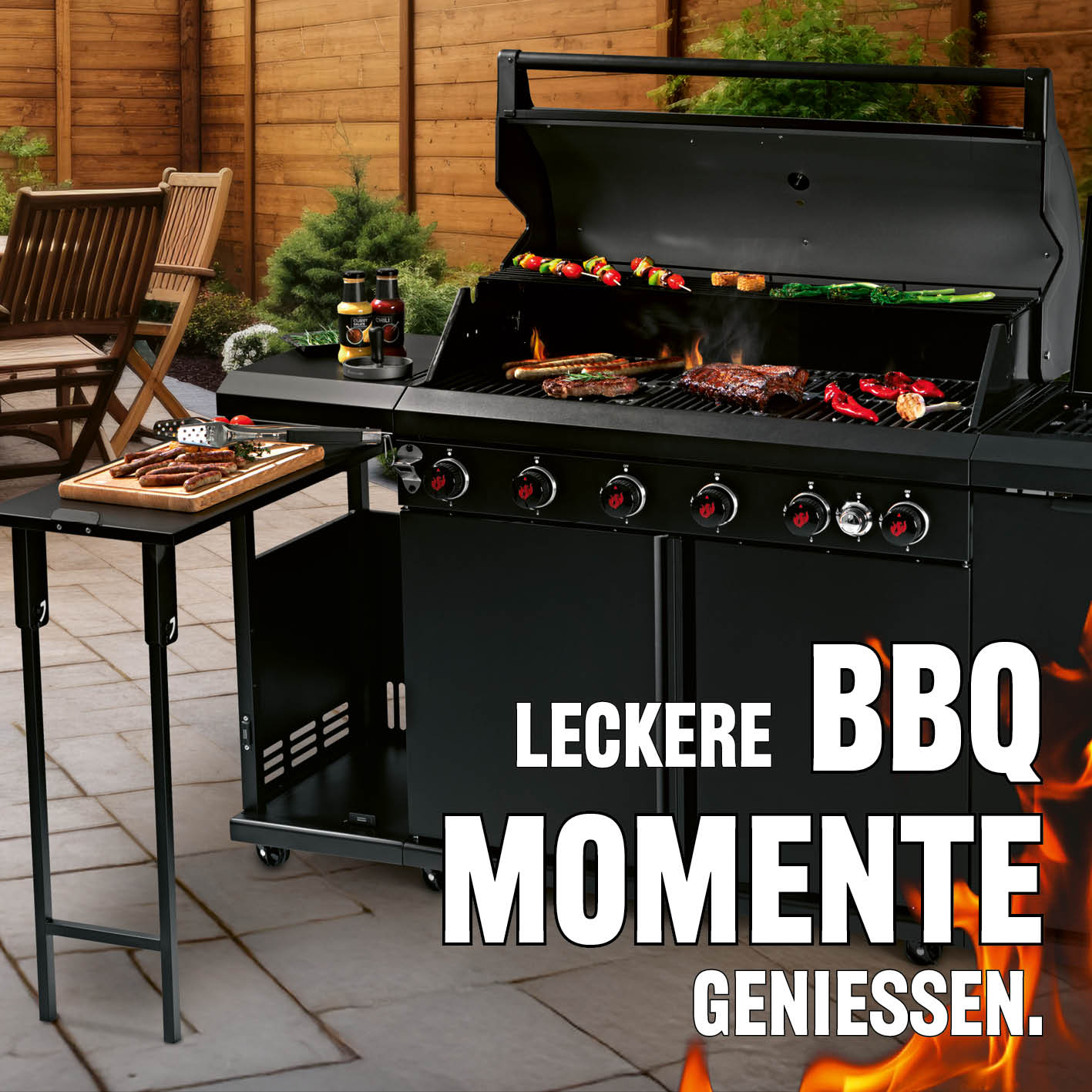 Gasgrill 6.1 mit 6 Edelstahlbrennern, großem Grillrost, Seitentisch und Rollen für komfortables Grillen im Garten.