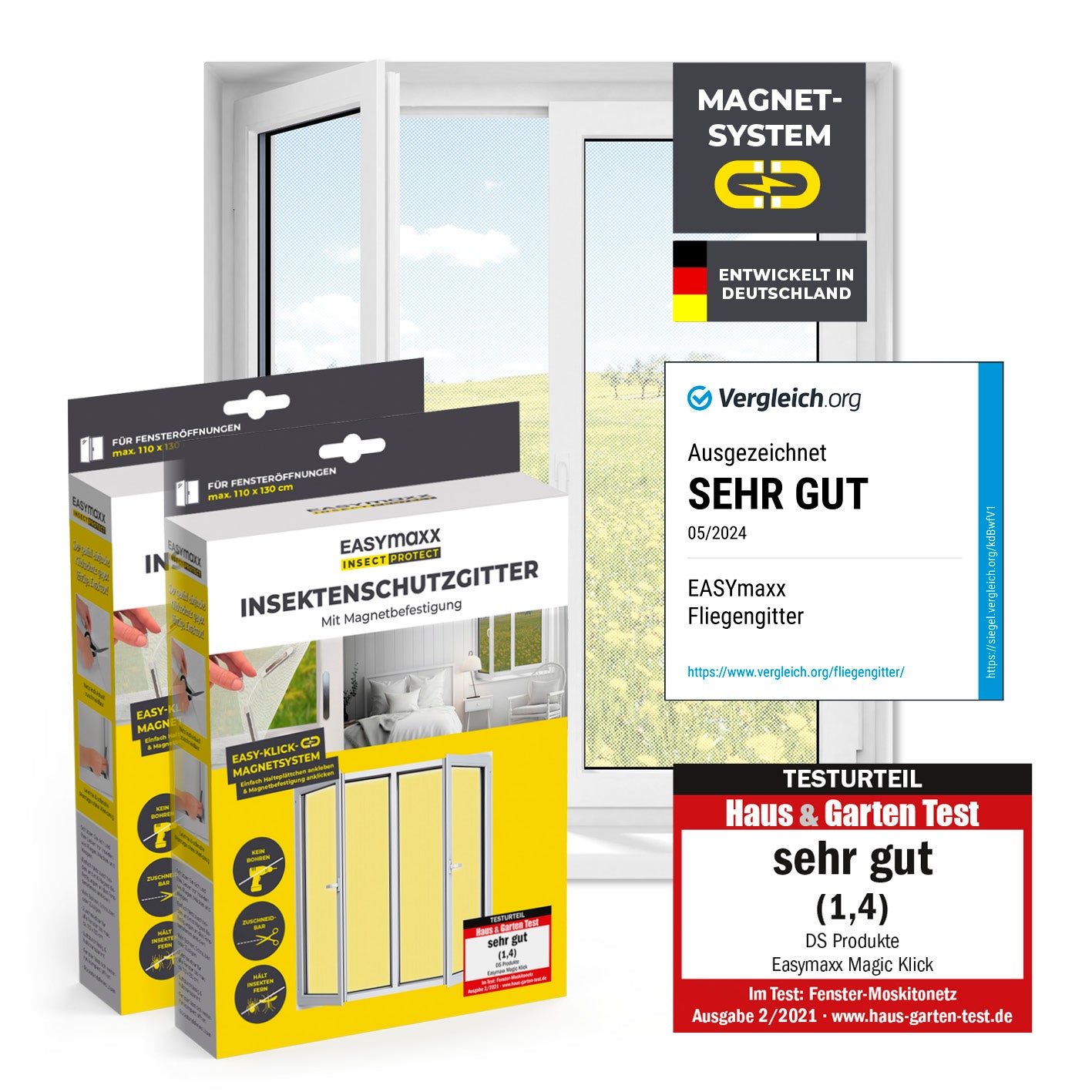 Insektenschutzgitter mit Magnetbefestigung - 2er-Set - 110 x 130 cm - Weiß, Fliegennetz mit starker Magnettechnik für Fenster.