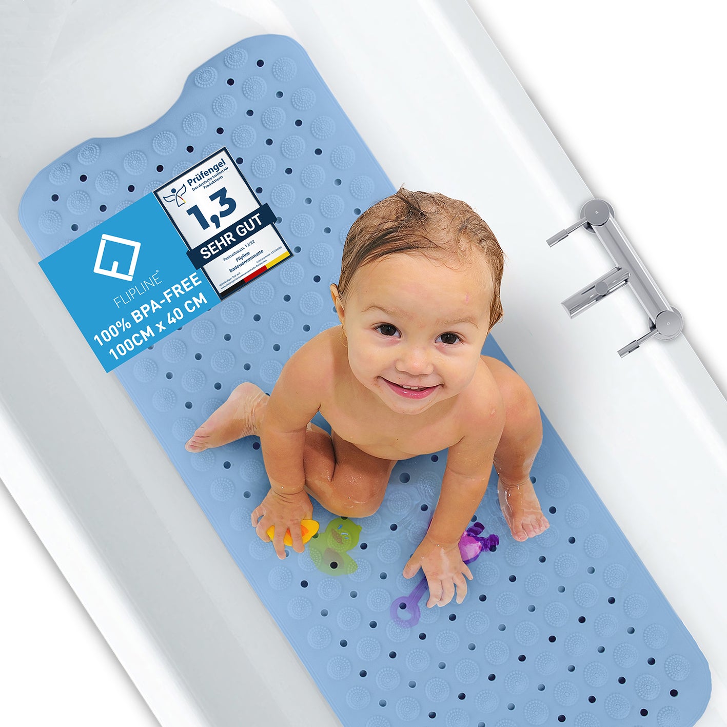 Badewannenmatte - Blau - 100 x 40 cm, rutschfeste, BPA-freie Matte aus weichem TPE mit Saugnoppen für sichere Nutzung in der Badewanne.