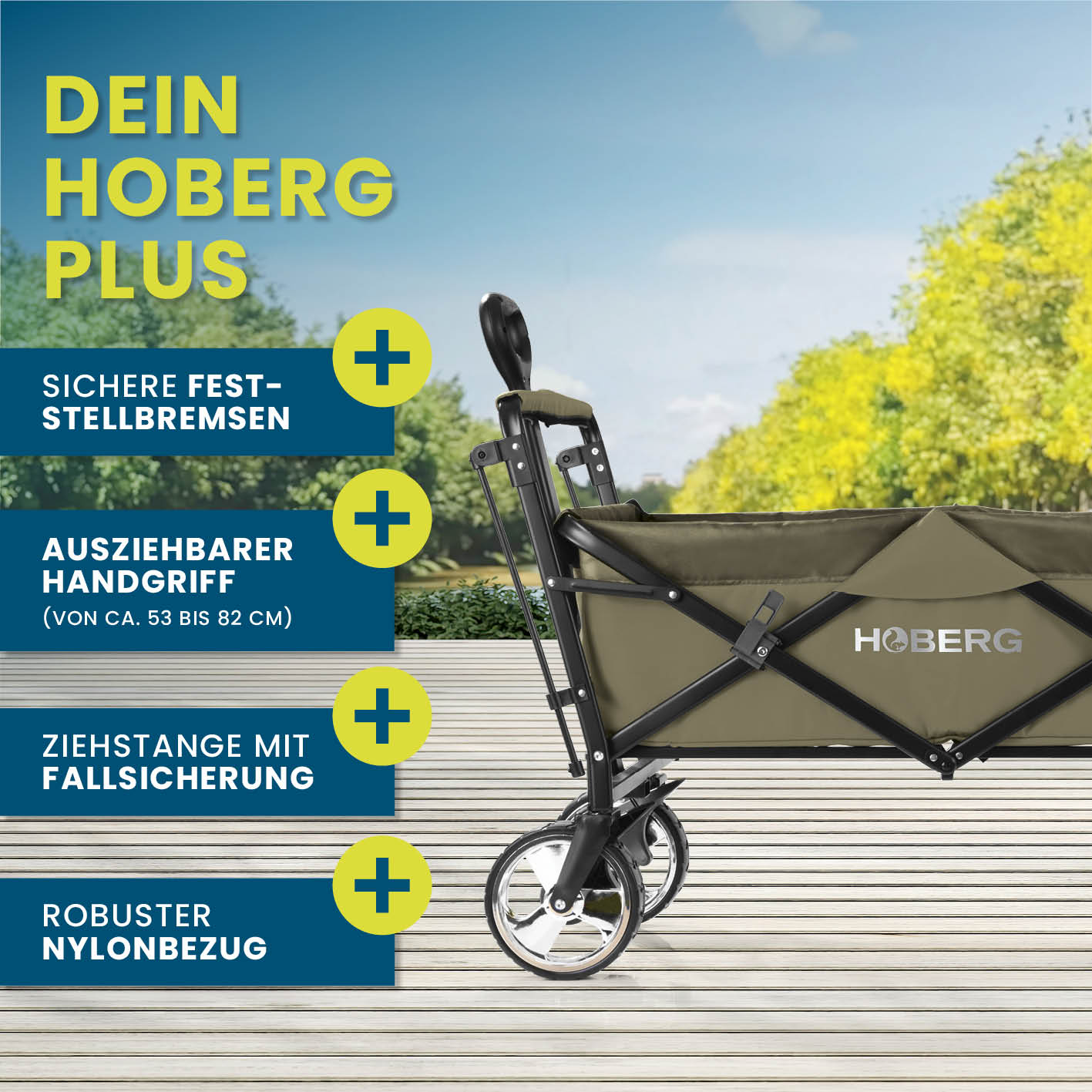 Faltbarer Bollerwagen - Beige mit ausziehbarem Griff, Fallsicherung, feststellbaren Bremsen und robustem Nylonbezug von HOBERG.
