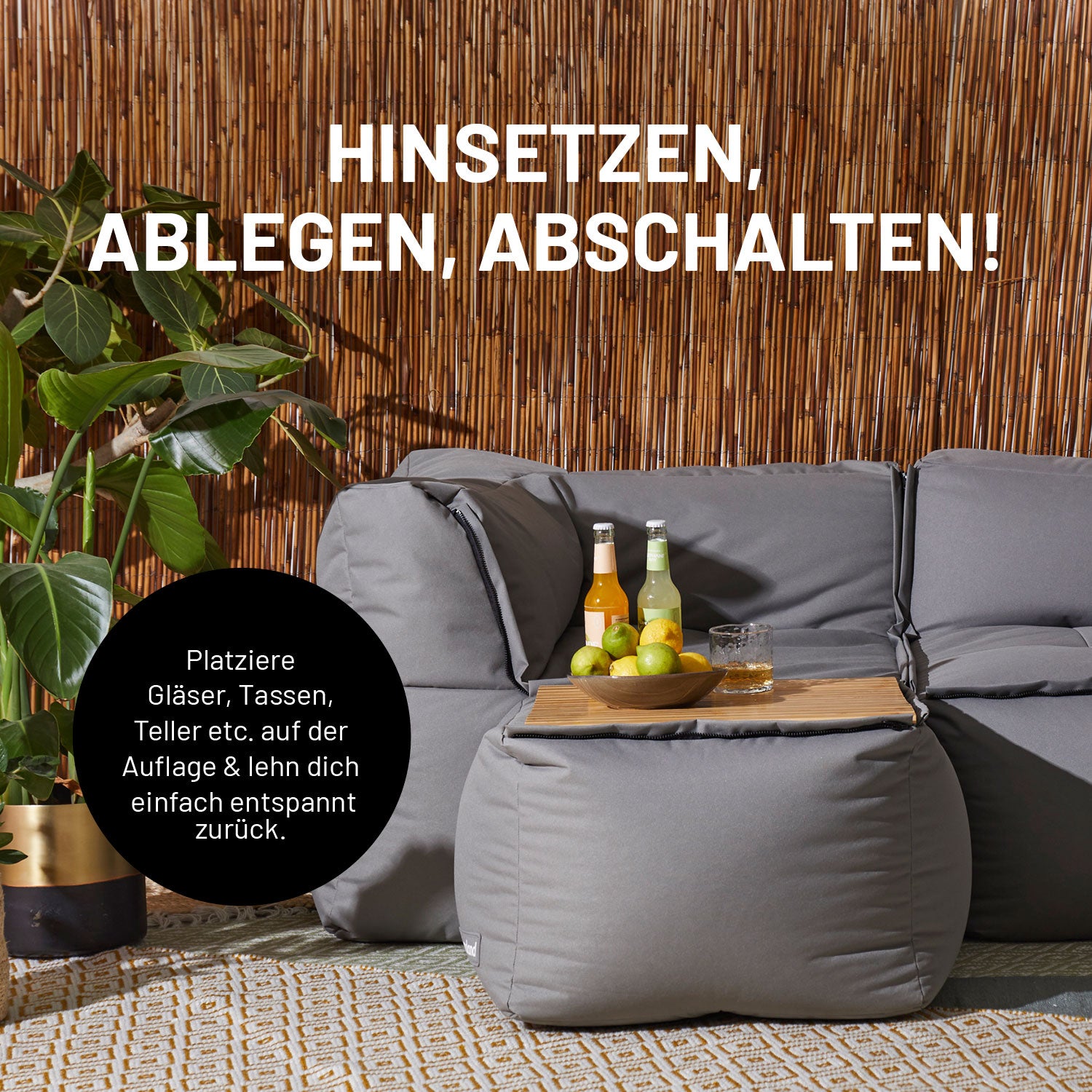 Bambusauflage für Modular-Hocker 54x50x1 cm mit rutschfester Unterseite als Tisch und Ablage praktisch und pflegeleicht.