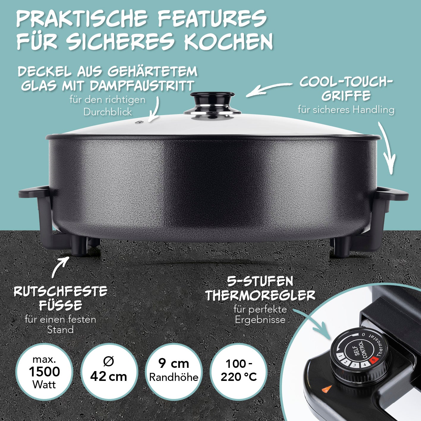 Elektrische Partypfanne - Ø 42 cm mit Glasdeckel, 5-Stufen Thermoregler, Cool-Touch-Griffen und rutschfesten Füßen für sicheres Kochen.