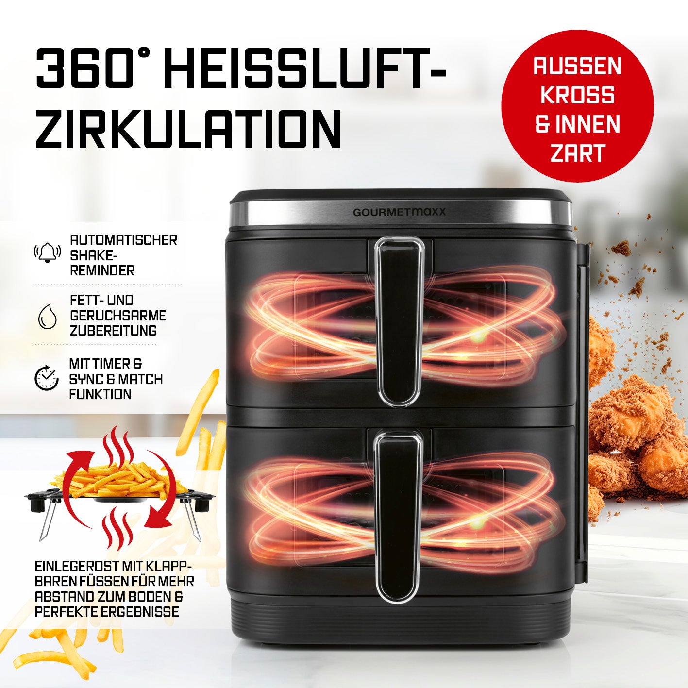 FryUp Vertikale Doppelkammer-Heißluftfritteuse mit Sichtfenster und 360° Heißluftzirkulation für außen knusprig innen zart