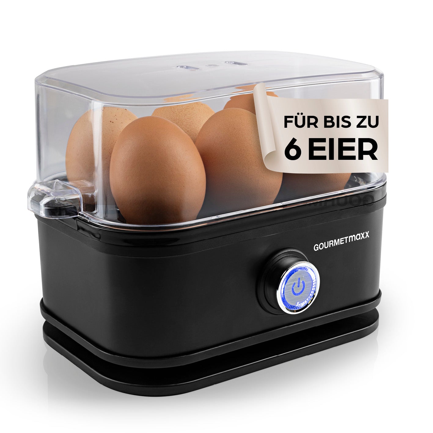 Design-Eierkocher 6 Eier - Schwarz mit transparentem Deckel und digitalem Knopf für einfache Zubereitung von bis zu 6 Eiern gleichzeitig.